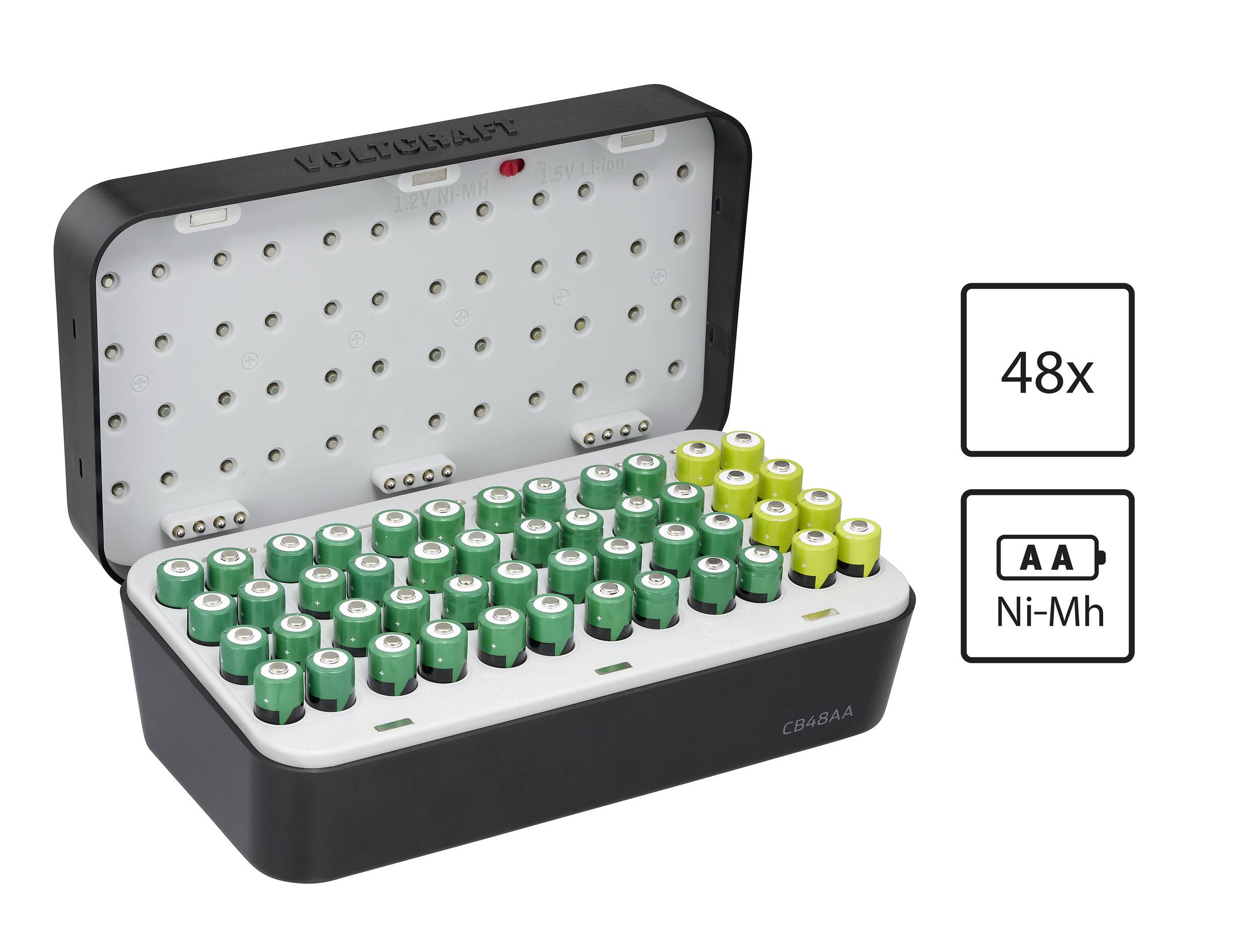 48 férőhelyes akkumulátortartó doboz, amely AA és AAA elemek tárolására alkalmas. A dobozon feltüntetve: '48x AA Ni-MH'.
