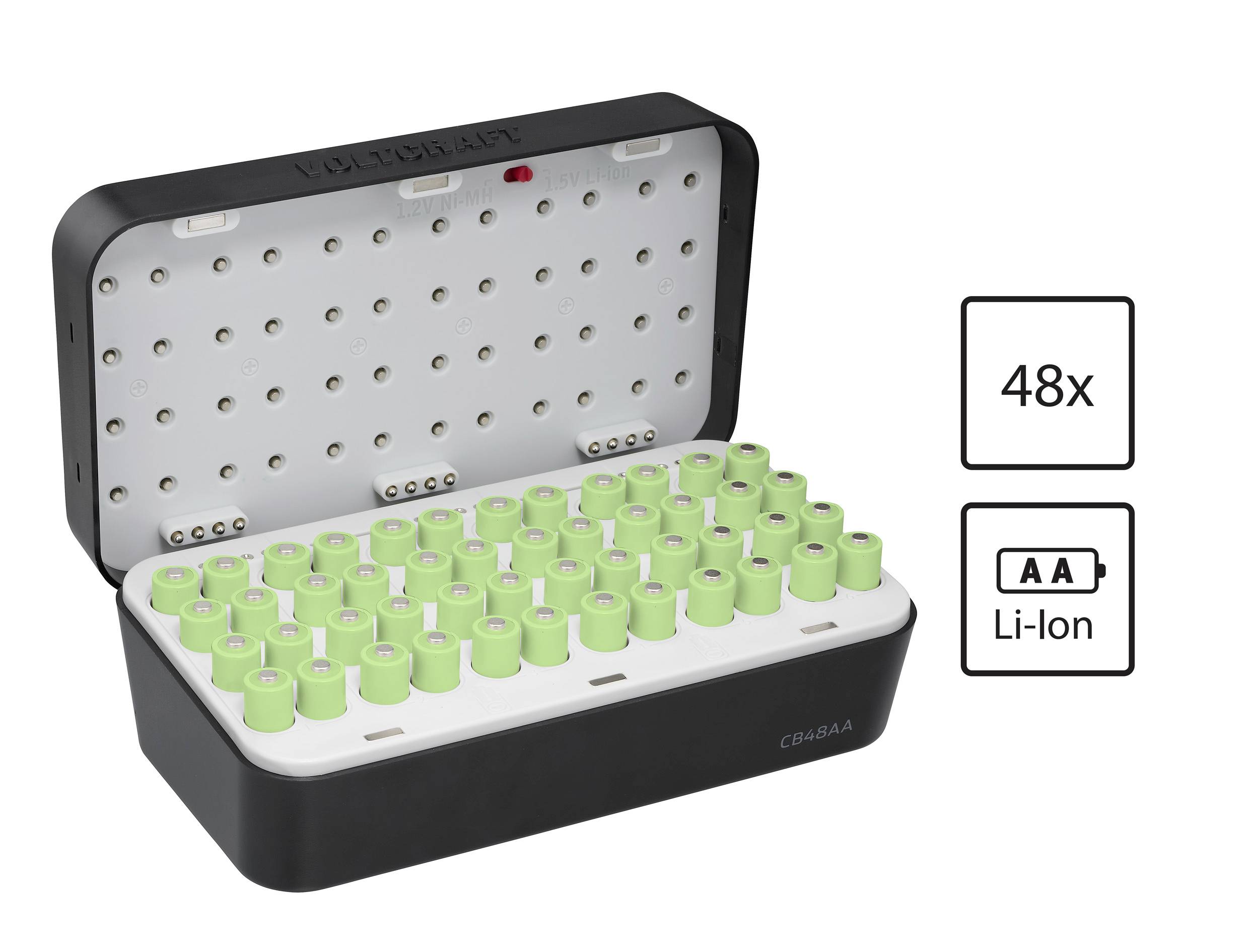 48 darabos zöld újratölthető elemtöltő Li-Ion AA elemekhez.