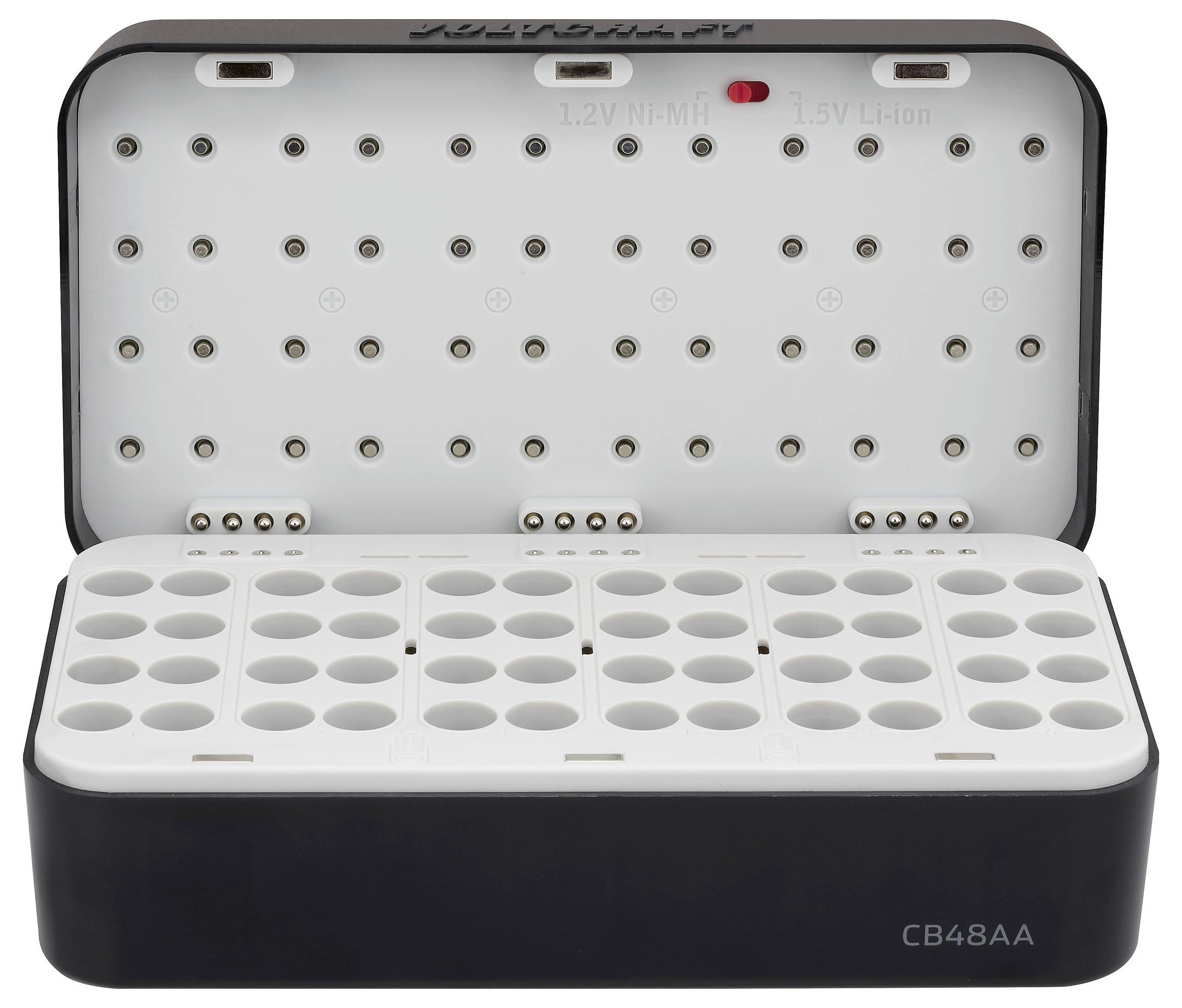 Nyitható elemtartó doboz, amely foglalatokkal rendelkezik a különböző elemméretű akkumulátorok megkülönböztetésére és rendszerezésére. Címkézett szakaszokkal van ellátva a könnyű azonosíthatóság érdekében.