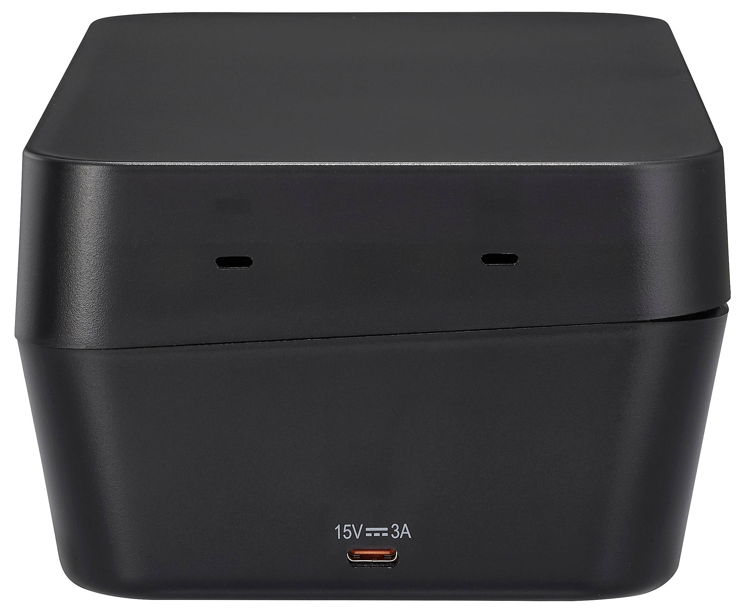 Egy fekete elektronikus eszköz, amelynek az elején egy USB-C port található, amelyen a '15V 3A' felirat szerepel. Az eszköz kompakt és téglalap alakú.