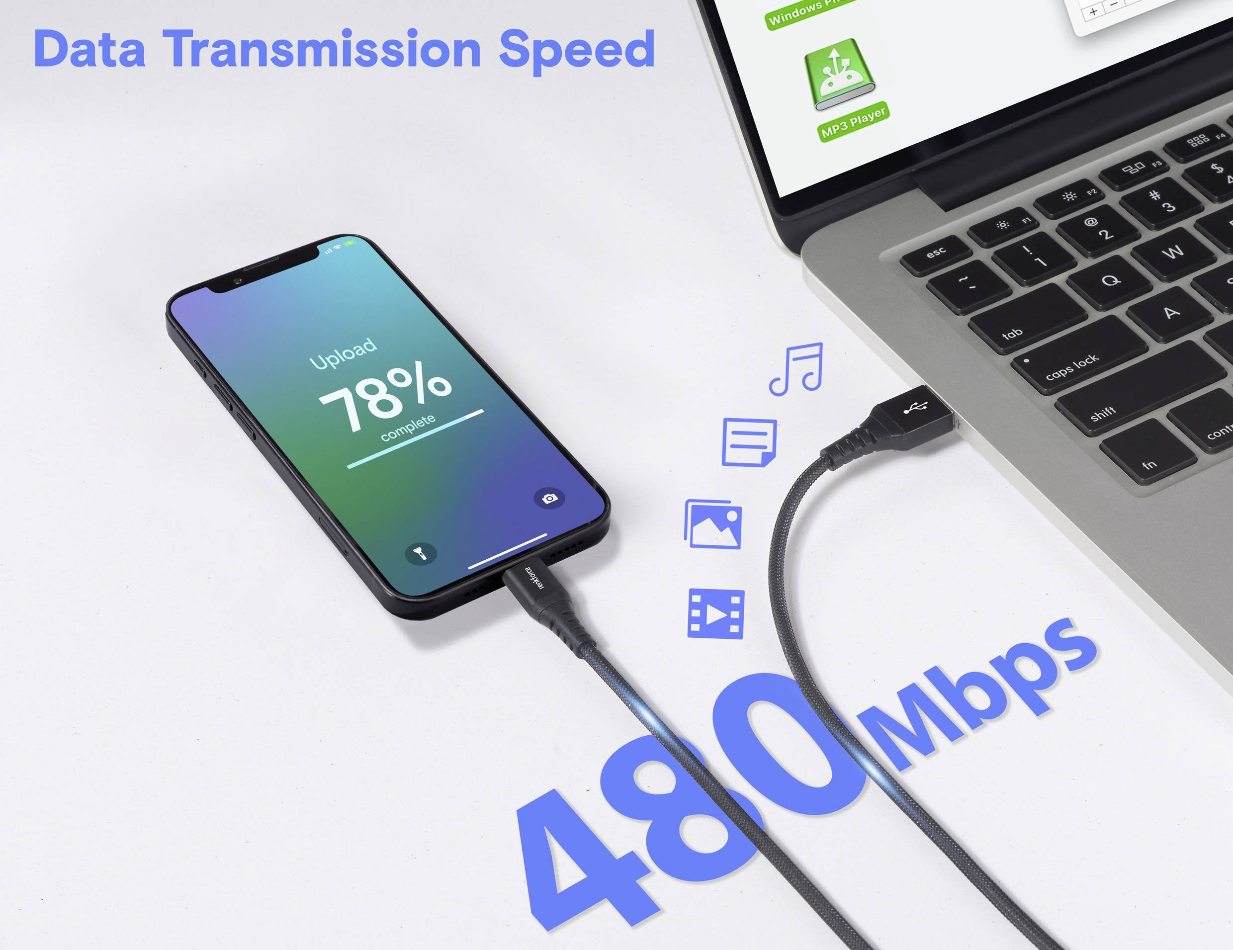 Egy okostelefon USB-kábellel csatlakoztatva egy laptophoz, szöveggel: Adatátviteli sebesség 480 Mbps. A telefon képernyőjén 78%-os feltöltési folyamat látható.