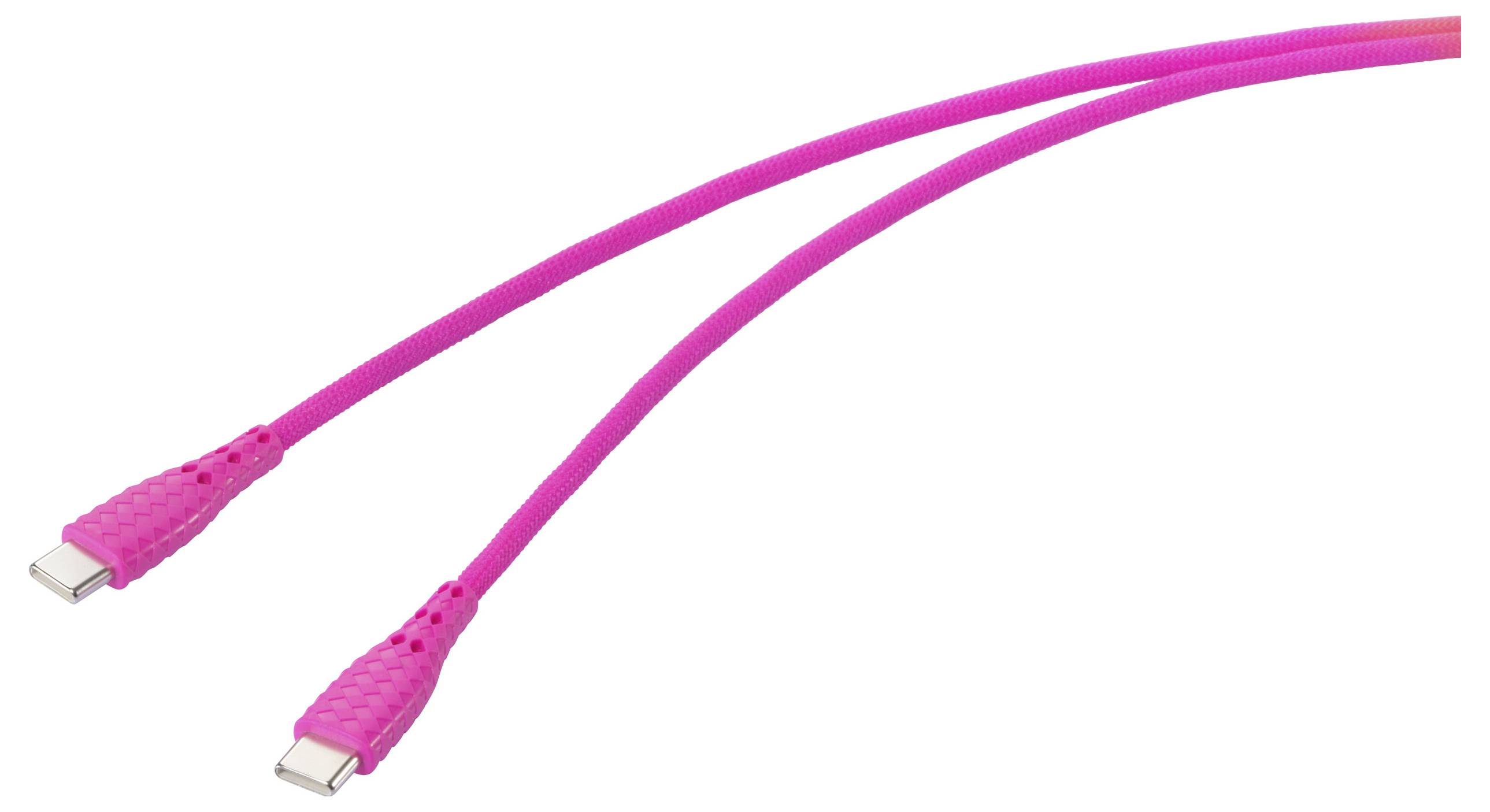Két rózsaszín USB-C kábel fonott borítással, fehér háttér előtt, jobbra dőlve.