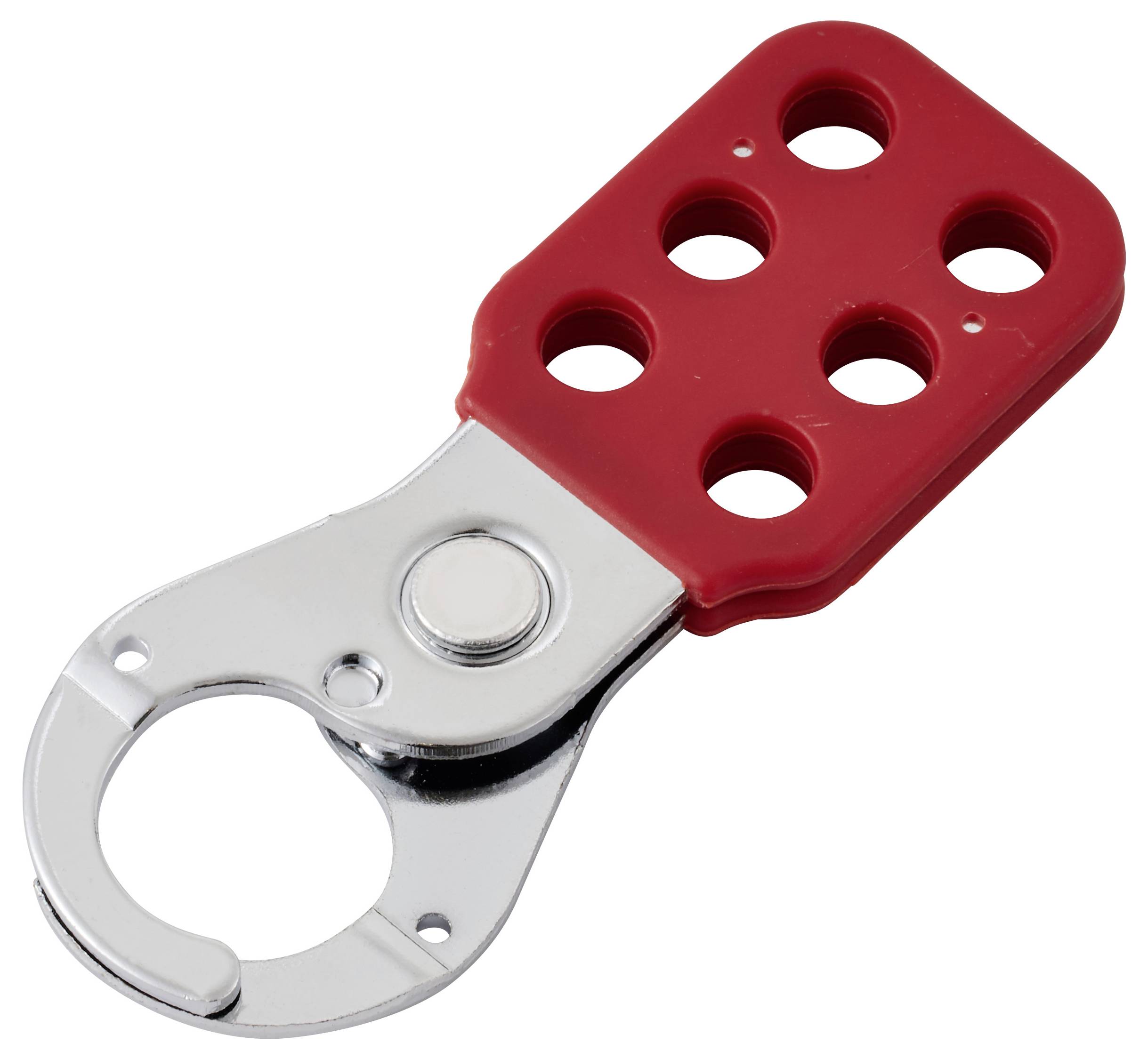 Egy piros és ezüst lezáró lakat, hat lyukkal, amelyet biztonsági eljárások során használnak berendezések lezárására karbantartás vagy javítási munkák alatt.