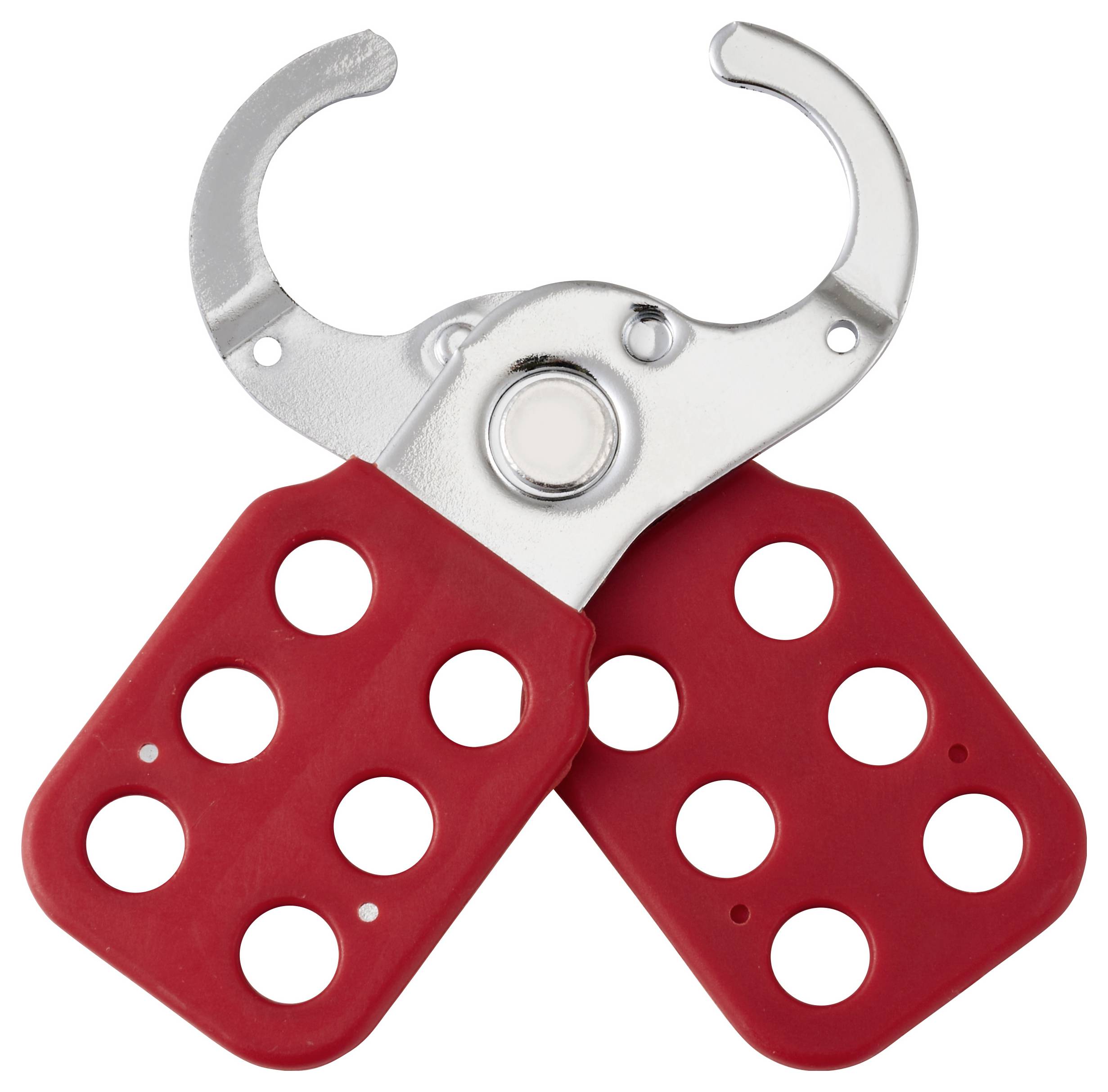 Egy ezüstszínű zárólap piros fogantyúval, amely hat köralakú lyukkal rendelkezik, és amelyet berendezések biztonságos elszigetelésére használnak több lakat egyidejű rögzítéséhez.