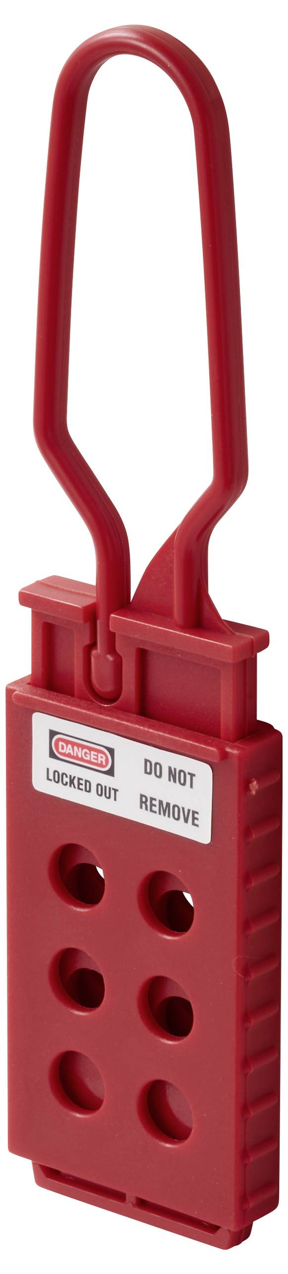 Egy piros lezáró kengyel hat lyukkal és egy „Veszély: Lezárva - Ne távolítsa el" felirattal, amelyet több lakat egyidejű rögzítésére használnak.