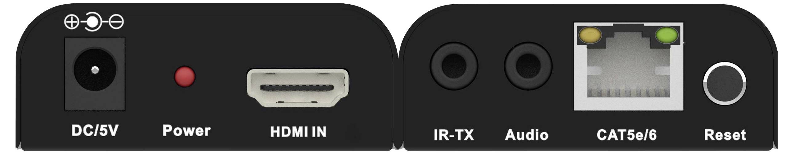 Egy eszköz hátlapja, amely egyenáramú/5V-os tápegység bemenettel, bekapcsoló gombbal, HDMI bemenettel, IR-TX-szel, audiójellel, CAT5/6 hálózati porttal és visszaállító gombbal rendelkezik.