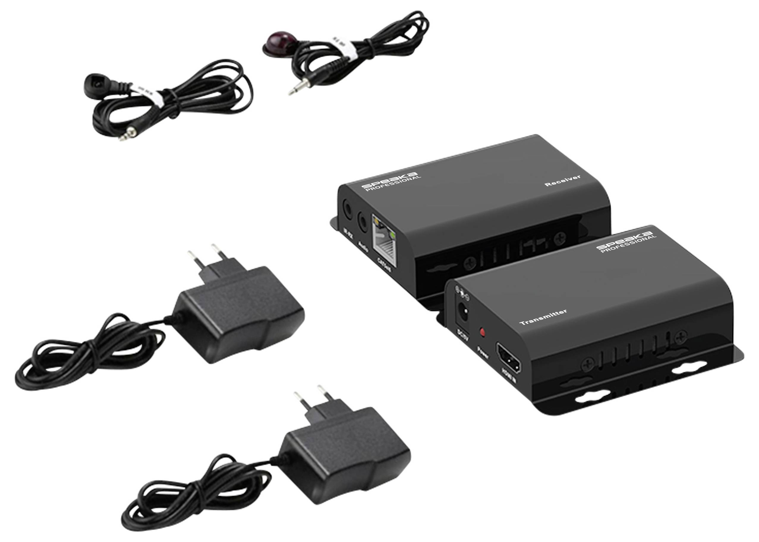 Két fekete elektronikus eszköz HDMI-portokkal, tápegységekkel és kábelekkel ellátva, videó és audió átviteli rendszerekhez alkalmas.