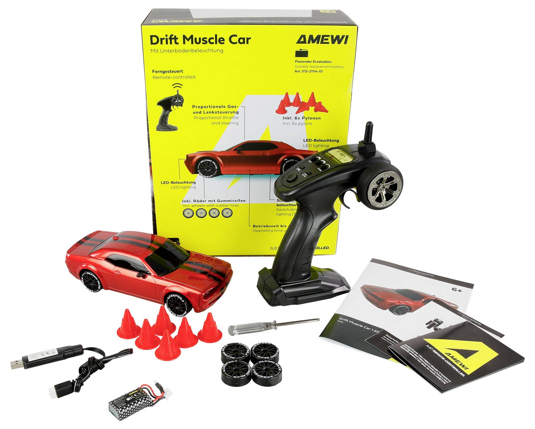 Amewi 1:20 RC kezdő modellautó Elektro Közúti modell Muscle Car Onroad/Drift Piros 4WD RtR 2,4 GHz Fényeffekttel, Akkuva-6