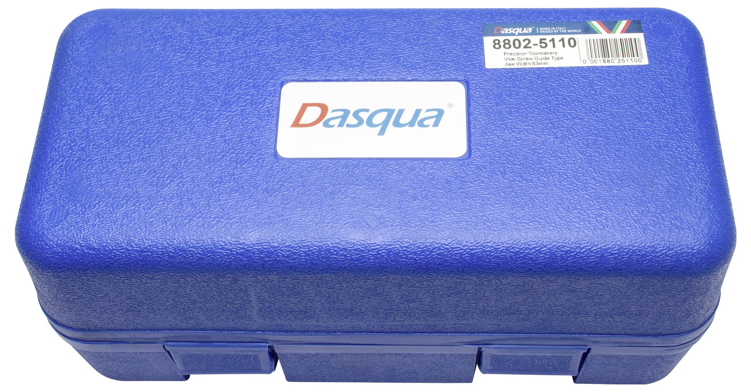 Egy kék műanyag doboz 'Dasqua' logóval és '8802-5110' modellszámmal egy címkén, amely precíziós mérőeszközök tárolására szolgál.