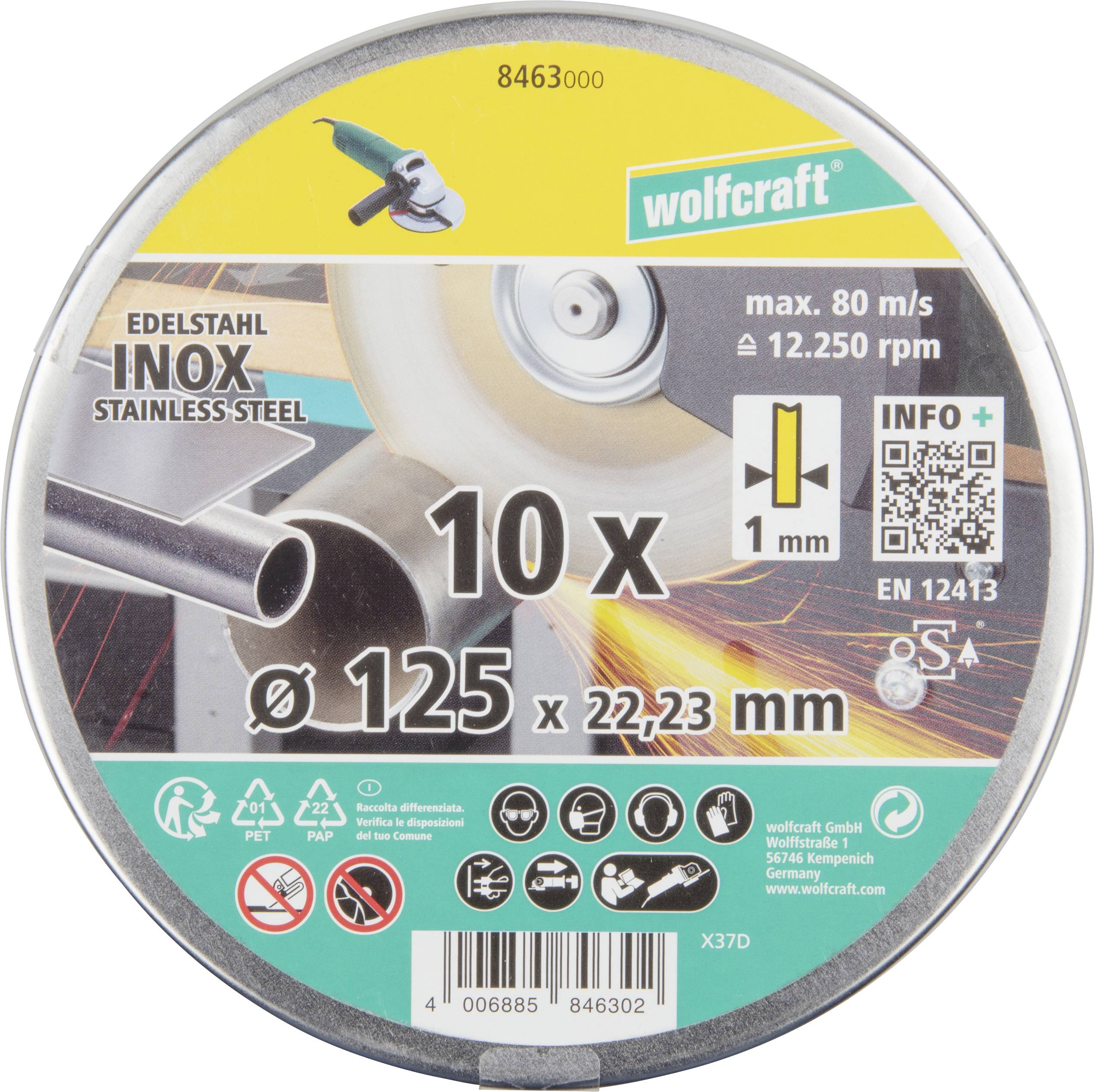 Wolfcraft 8463000 Gyémánt bevonatú vágótárcsa 125 mm 10 db Nemesacél, rozsdamentes, Fém-0