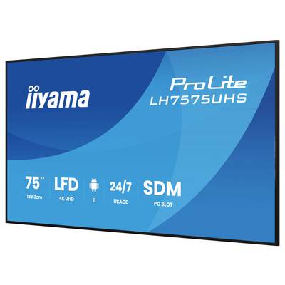 'iiyama ProLite LH7575UHS kijelző, 75"-os méret, 4K UHD, 24/7 használat, LFD funkcióval, Android 11 rendszerrel és SDM PC bővítőhellyel.'