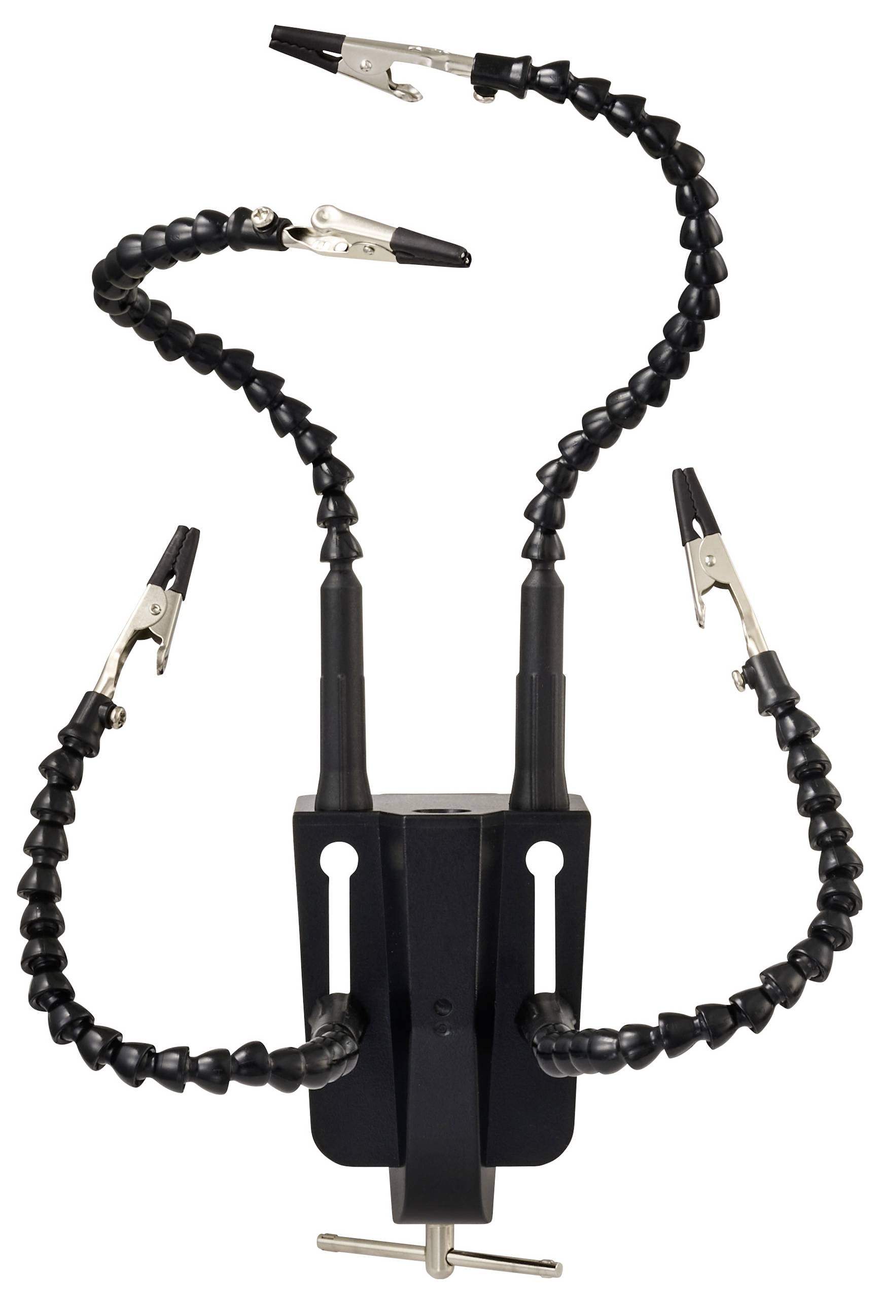 Egy rugalmas segédeszköz forrasztási szorító négy állítható karral és krokodilcsipesszel, amely biztonságosan rögzíti az alkatrészeket.