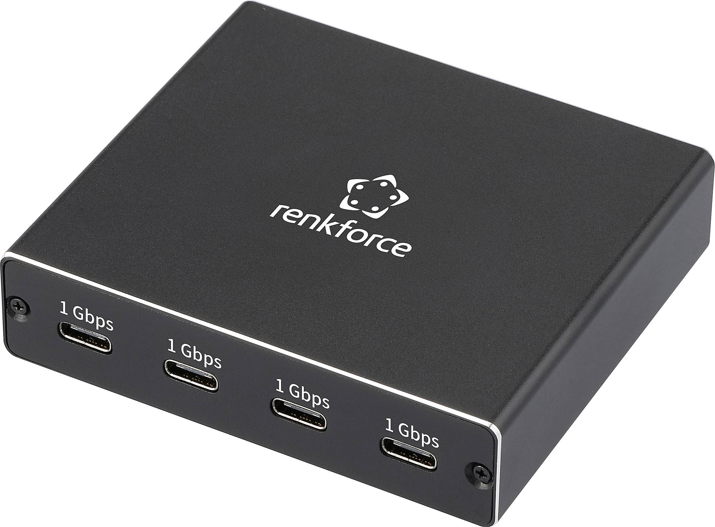 A Renkforce márkájú fekete négyszögletes elosztó, amelynek egyik oldalán négy, '1 Gbps' feliratú USB-C port található.