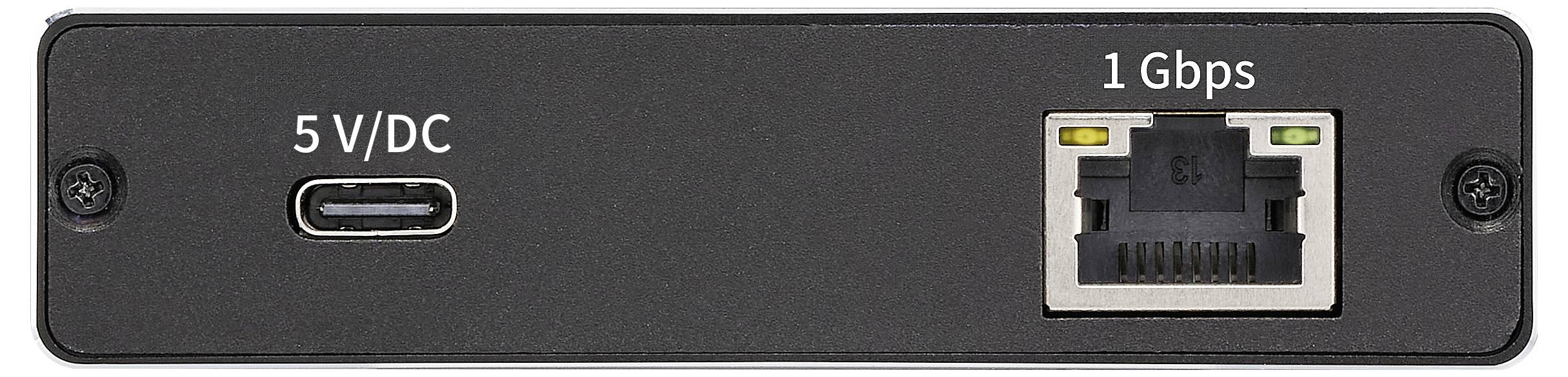 Egy eszköz hátlapja, amelyen egy '5V/DC' USB-C tápcsatlakozó és egy '1 Gbps' Ethernet port található.