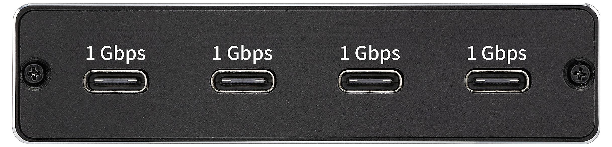Egy fekete elosztó négy USB-C porttal, mindegyik port '1 Gbps' felirattal ellátva, amely az adatátviteli sebességet jelzi.