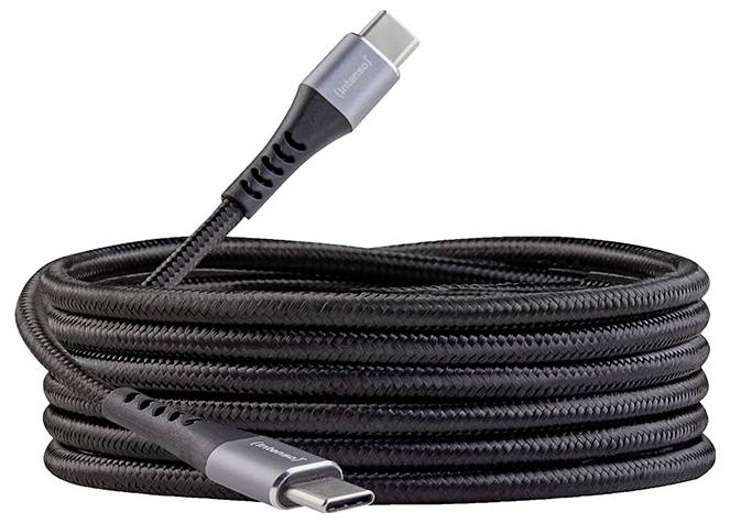 Mindkét végén megerősített csatlakozókkal ellátott, tekert fekete USB-C töltőkábel.