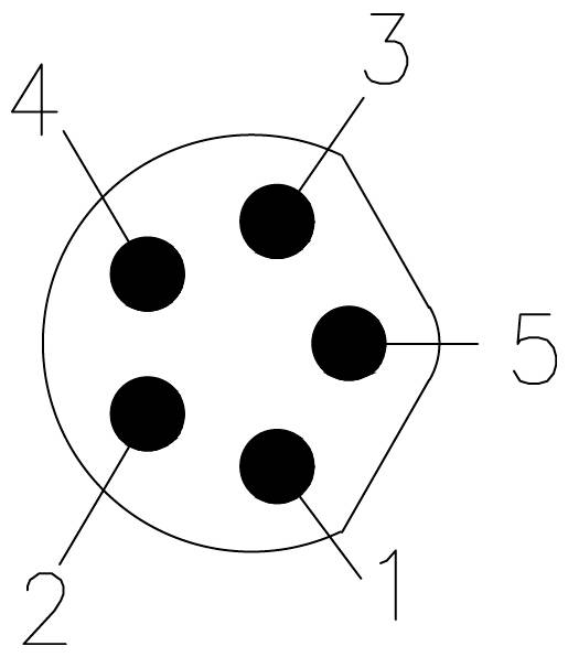 Egy 5-tűs körkötésű csatlakozó diagramja, az óramutató járása szerint balról lefelé kezdve számozva: 1, 4, 3, 5, 2. A tűk egyenlő távolságra vannak egymástól.