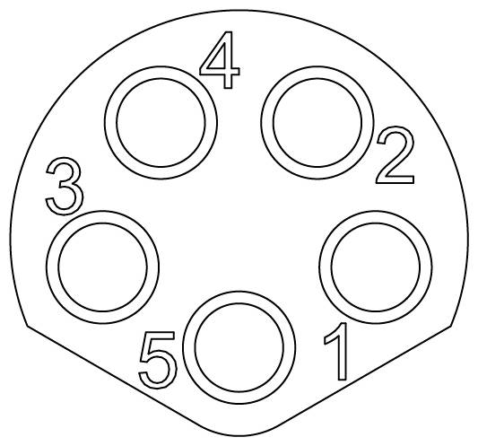 Öt érintkezős körkonnector diagramja, amelynek érintkezői 1-től 5-ig vannak számozva, az óramutató járásával megegyező irányban elrendezve, az 1-es érintkezővel a jobb alsó sarokban.