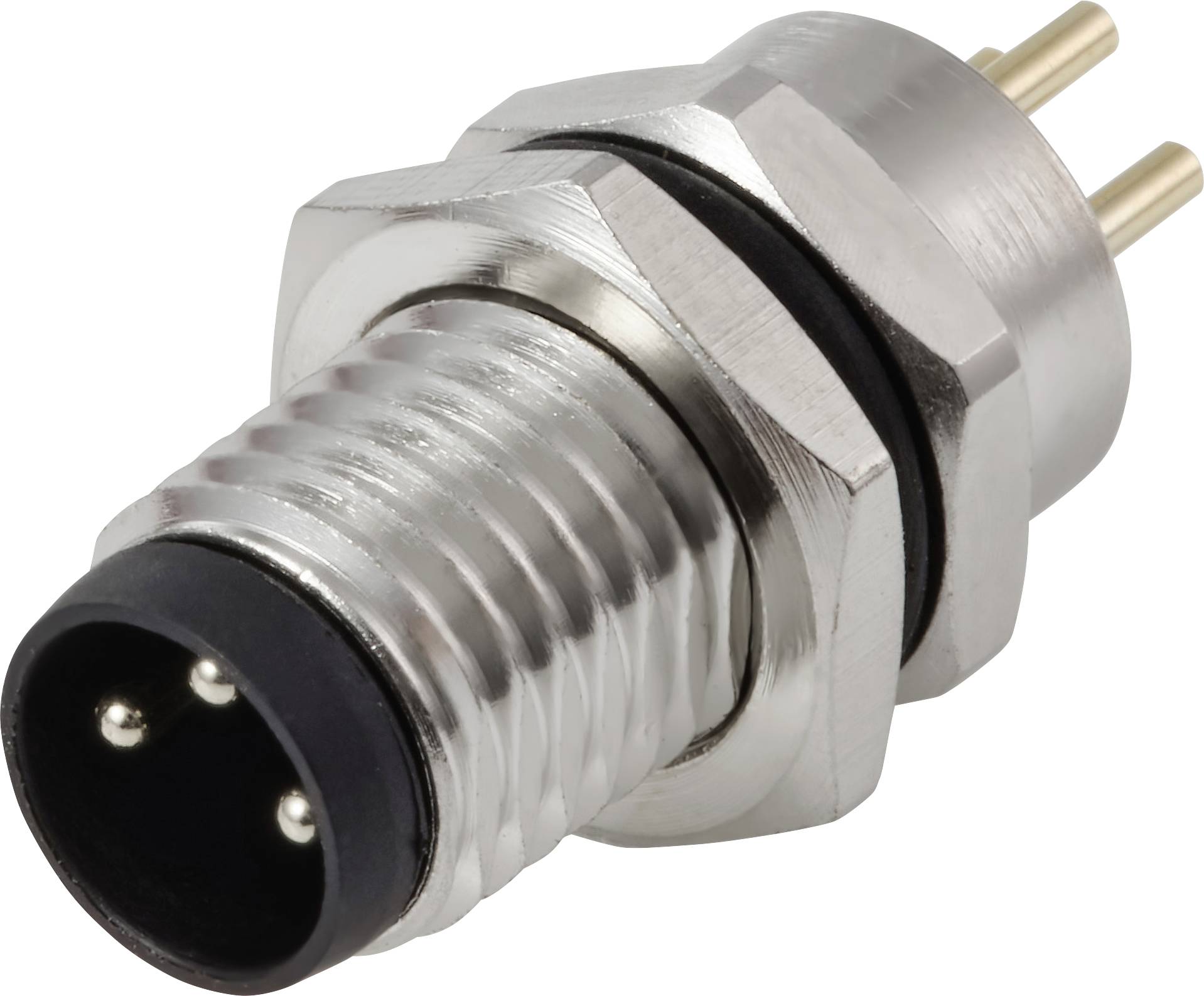 Egy fém hengeres csatlakozó három érintkezővel, amely hang- vagy adattovábbításra alkalmas, külső menetezett felülettel és fekete alappal rendelkezik.