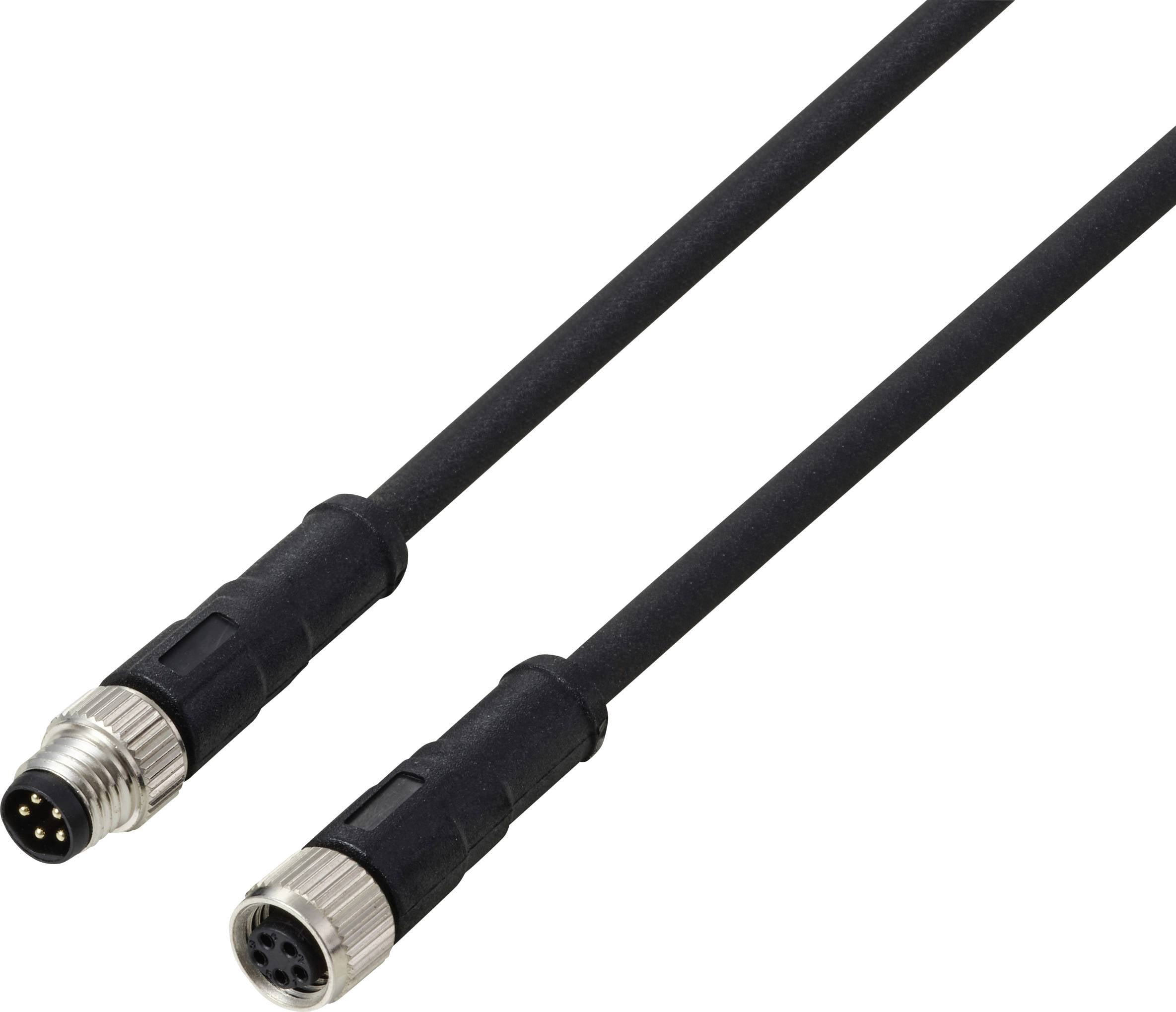 Egy fekete Ethernet kábel fémcsatlakozókkal mindkét végén, amelynek az egyik csatlakozóján három tűérintkező, a másikon pedig ezeknek megfelelő aljzatok találhatók.