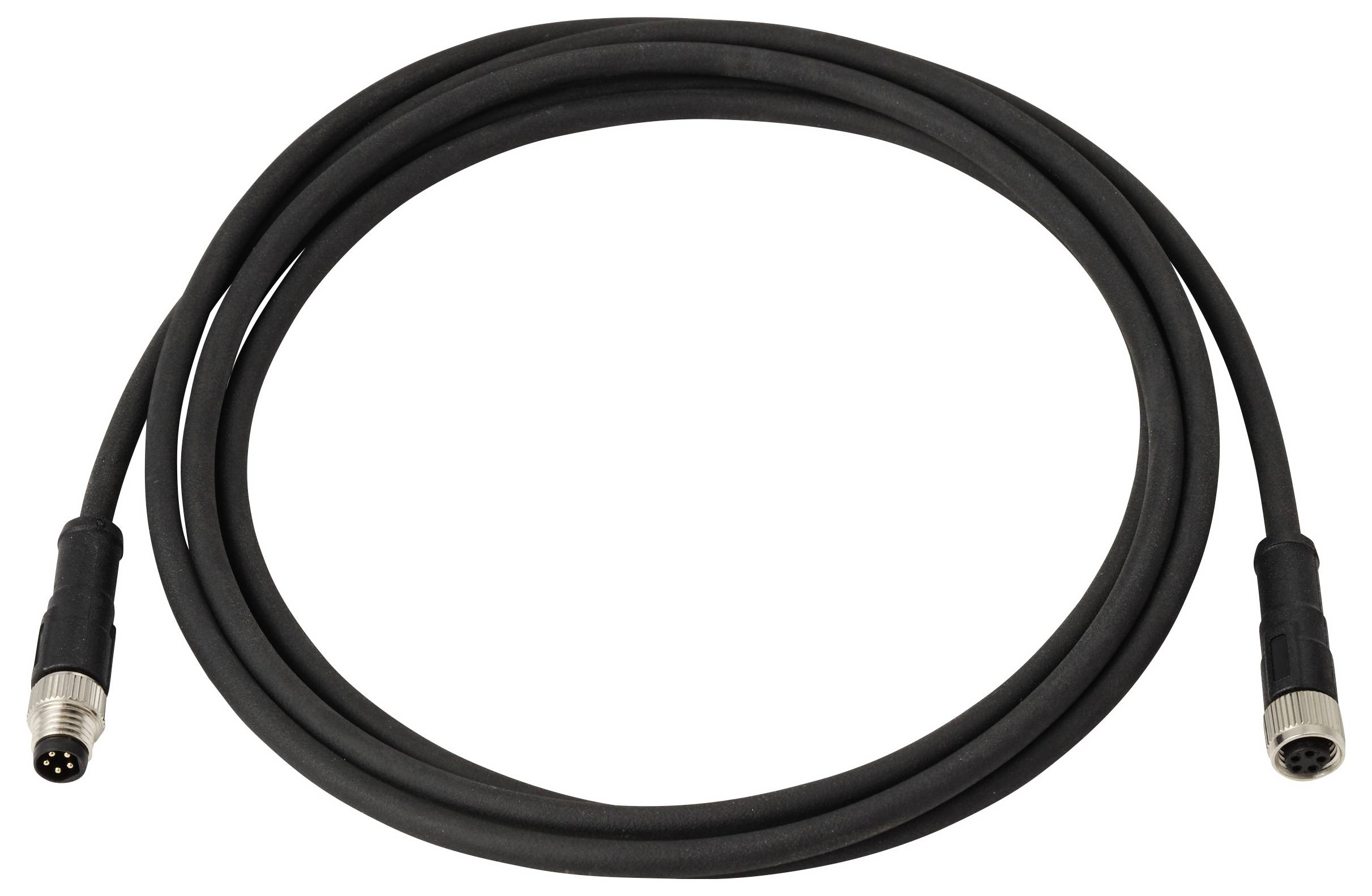 Egy hosszú fekete kábel fém csatlakozókkal mindkét végén, amely elektronikus eszközök vagy alkatrészek összeköttetésére alkalmas.