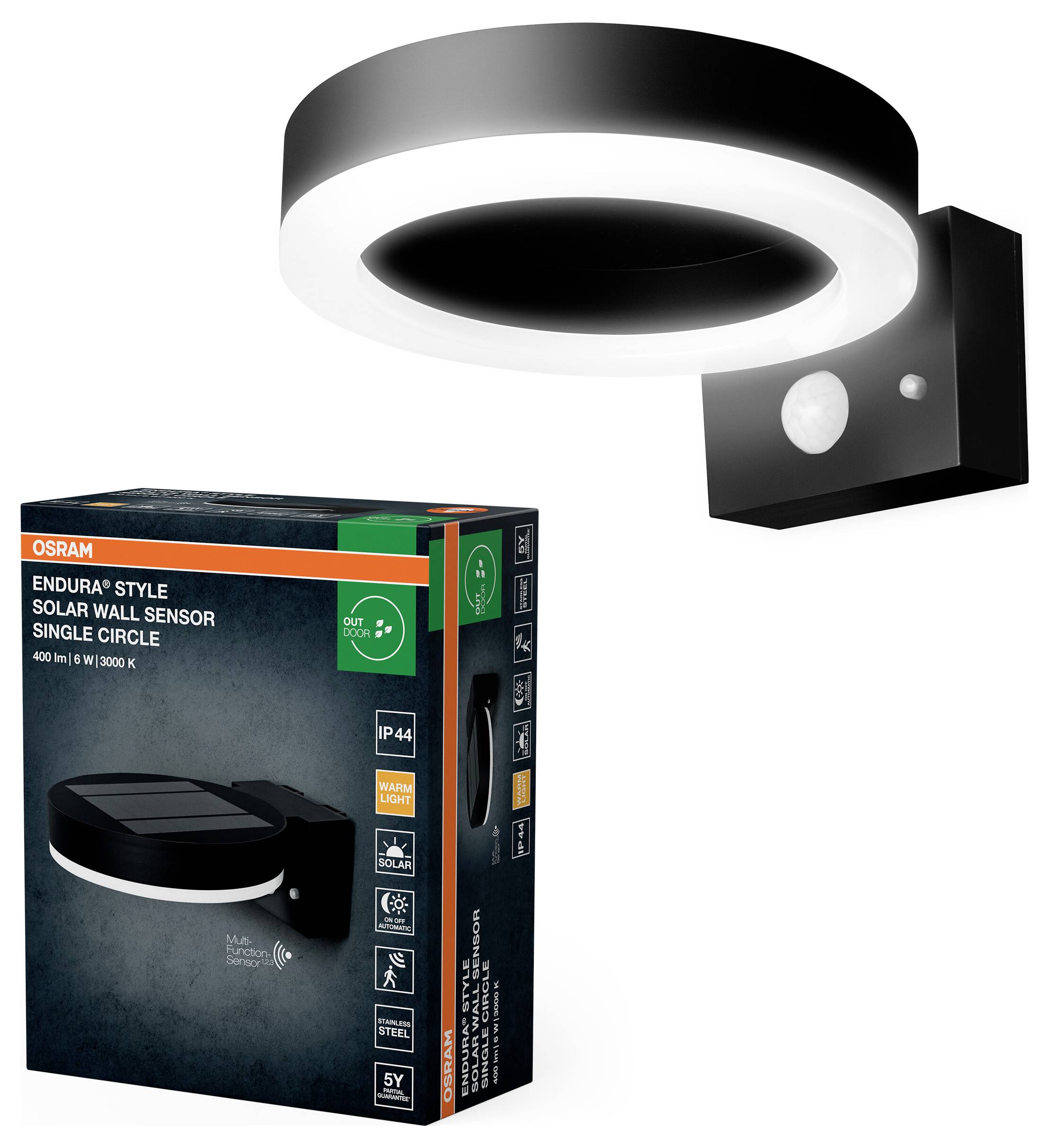 OSRAM HOMELIGHTING ENDURA Style Solar Wall Sensor Single Circle 6W Black 4099854455568 LED-es kültéri fali lámpa LED Fix-1