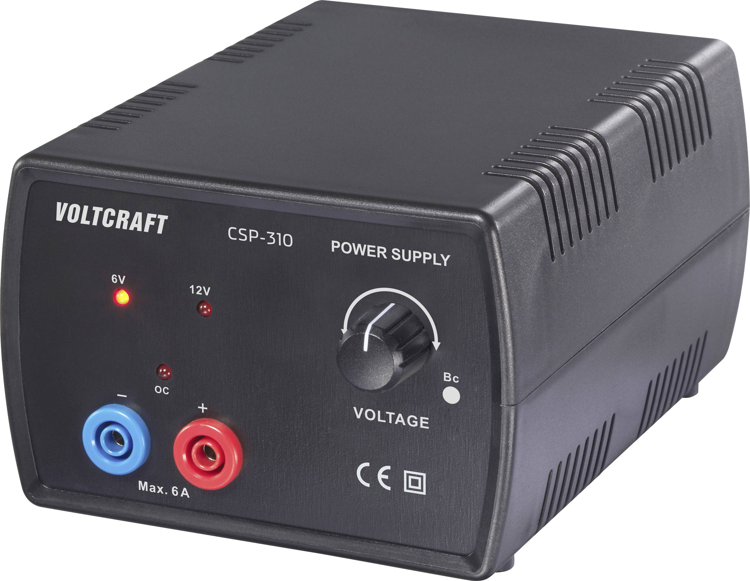 "Voltcraft CSP-310 Tápegység" egy fekete készüléket mutat feszültség beállításokkal. Tartalmaz feszültség-szabályozó gombot, piros és kék csatlakozókat, valamint jelzőlámpákat.