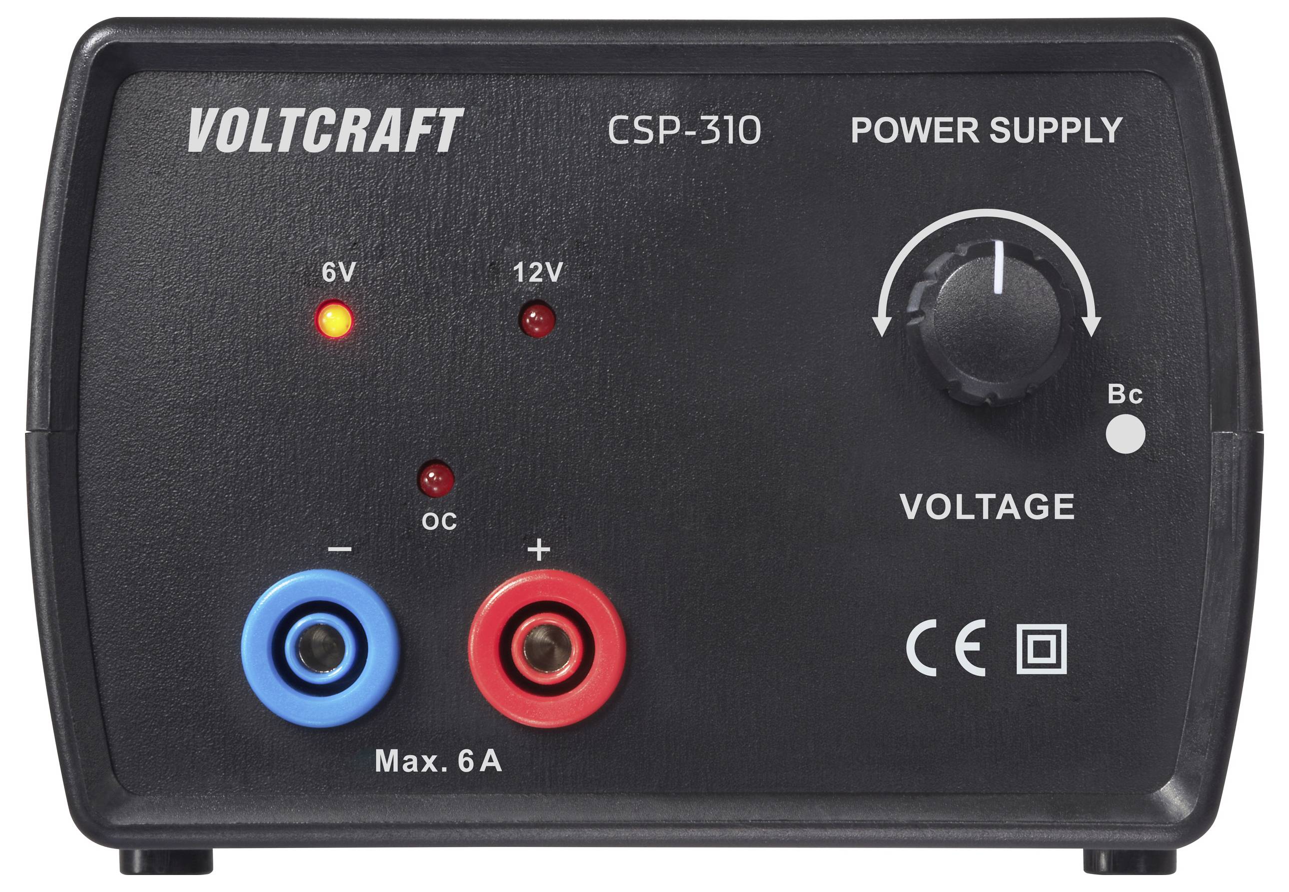 Voltcraft CSP-310 tápegység, amely feszültségszabályozót, 6V/12V kijelzőt, piros és kék klemákat, valamint különféle biztonsági feliratok