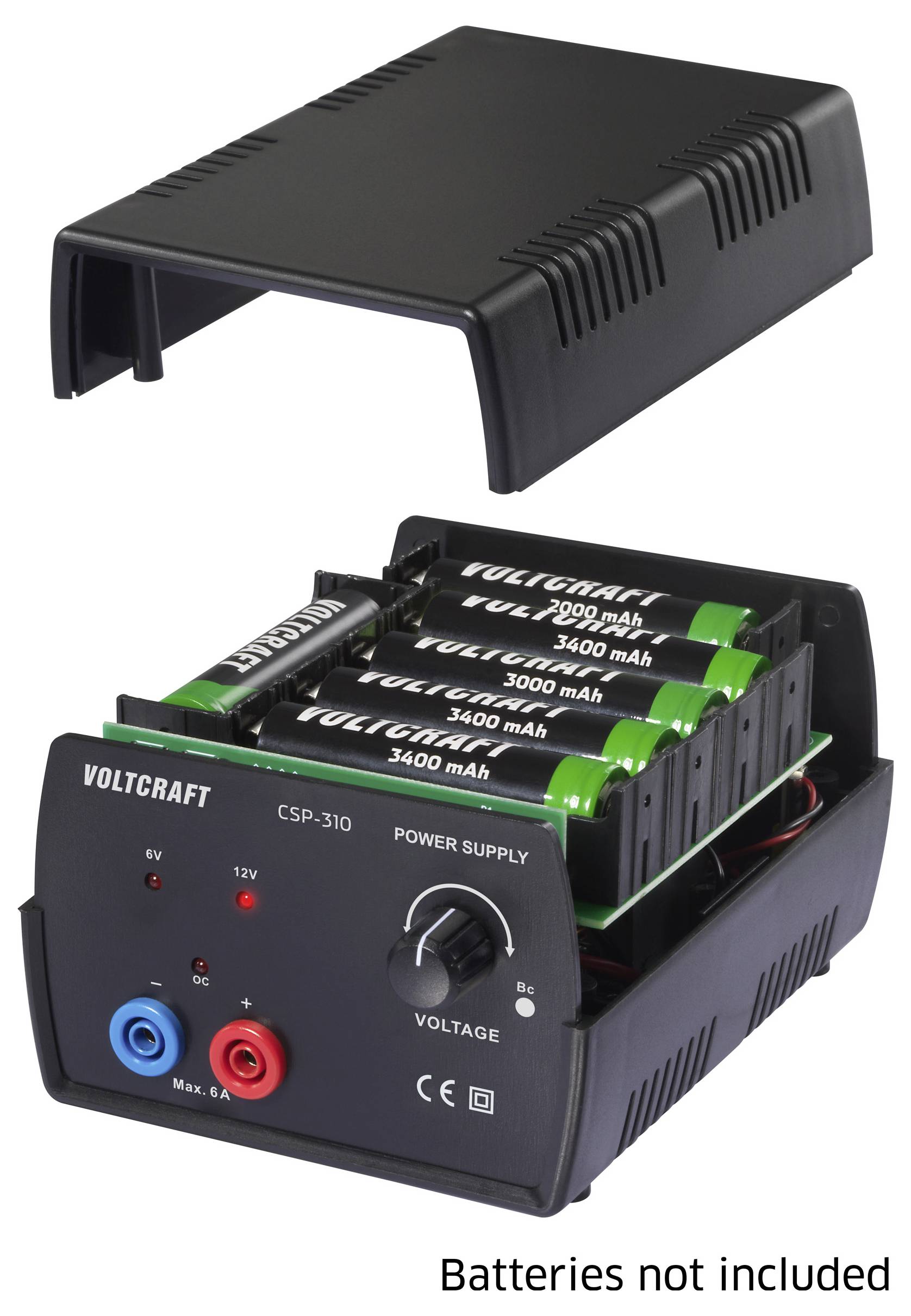 'VOLTCRAFT CSP-310 tápegység', amely megjeleníti az akkumulátor rekeszt hat 1,2V-os tölthető elemmel (nem tartozék) és műanyag fedővel.