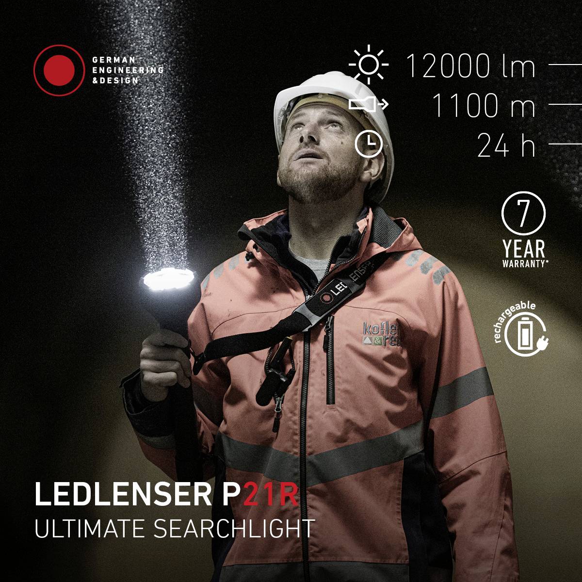Egy védőzekét viselő férfi egy nagy teljesítményű LED-es zseblámpát tart. Szöveg: 'LEDLENSER P21R Végső keresőlámpa'. 12000 lm, 1100 m, 24 óra, 7 év garancia.