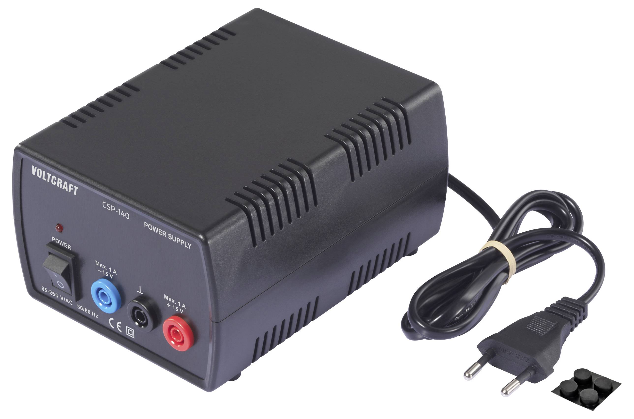 "VOLTCRAFT" tápegység piros és kék csatlakozóaljzatokkal, főkapcsolóval és csatlakoztatott tápkábellel és dugóval.