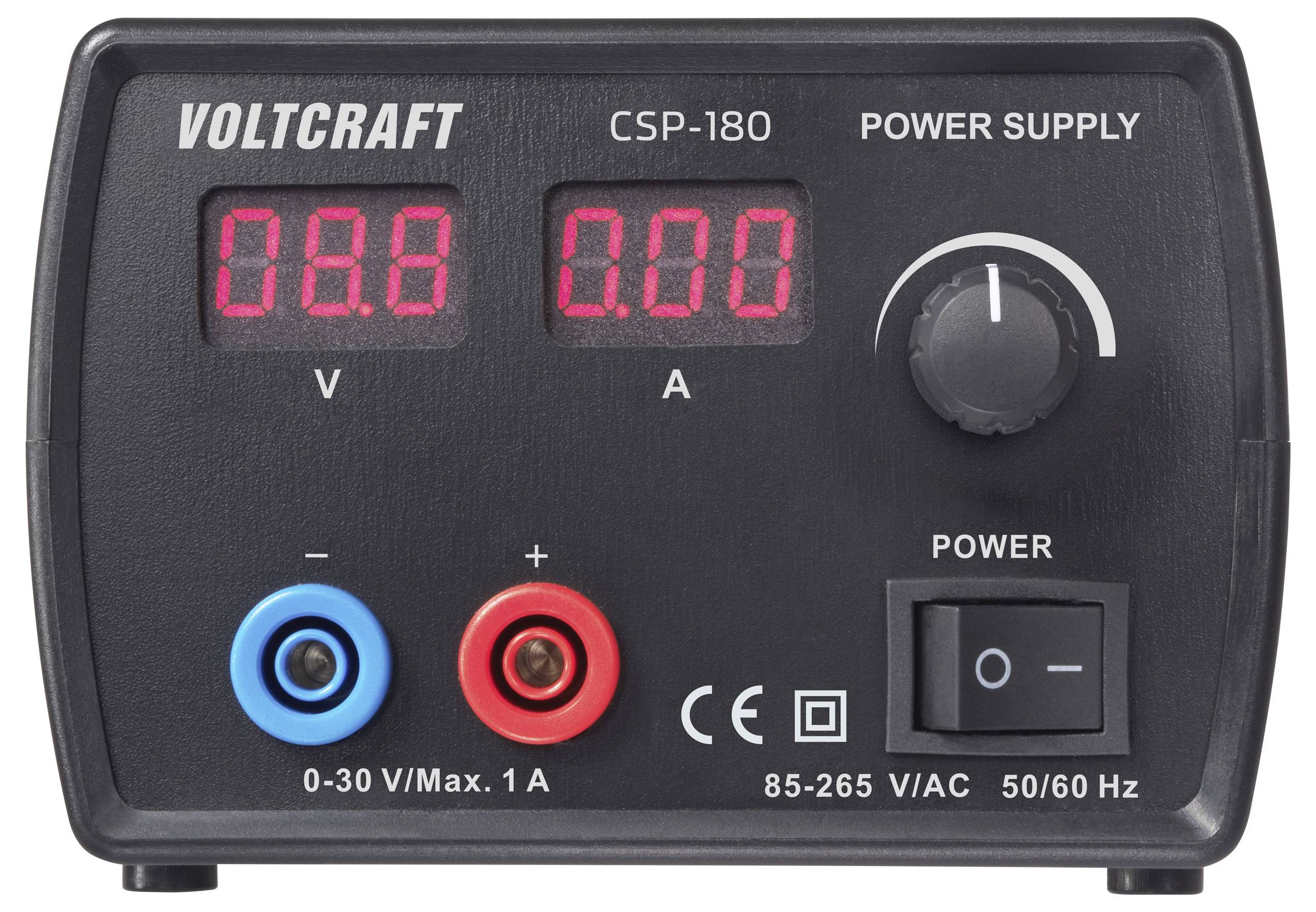 "VOLTCRAFT CSP-180 tápegység" digitális kijelzőkkel a feszültség és az áram számára, állítható gomb és főkapcsoló.