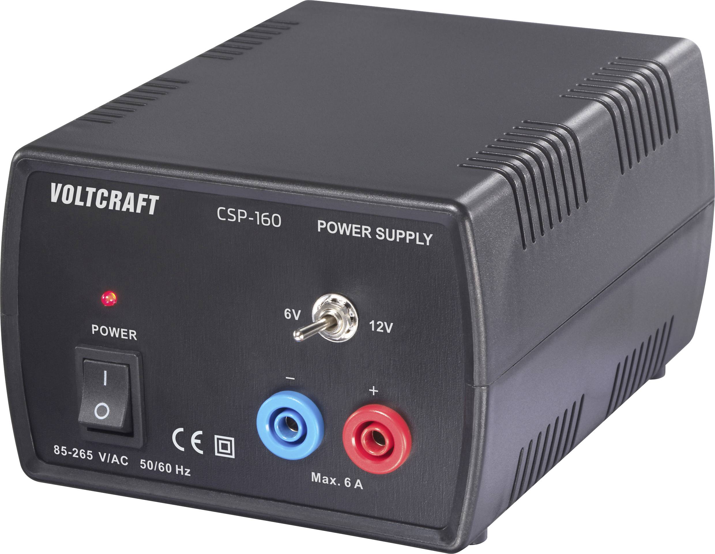 'Voltcraft CSP-160 tápegység 6V és 12V kimenetek váltására szolgáló kapcsolóval, LED-kijelzővel és az elülső panelen lévő főkapcsolóval.'