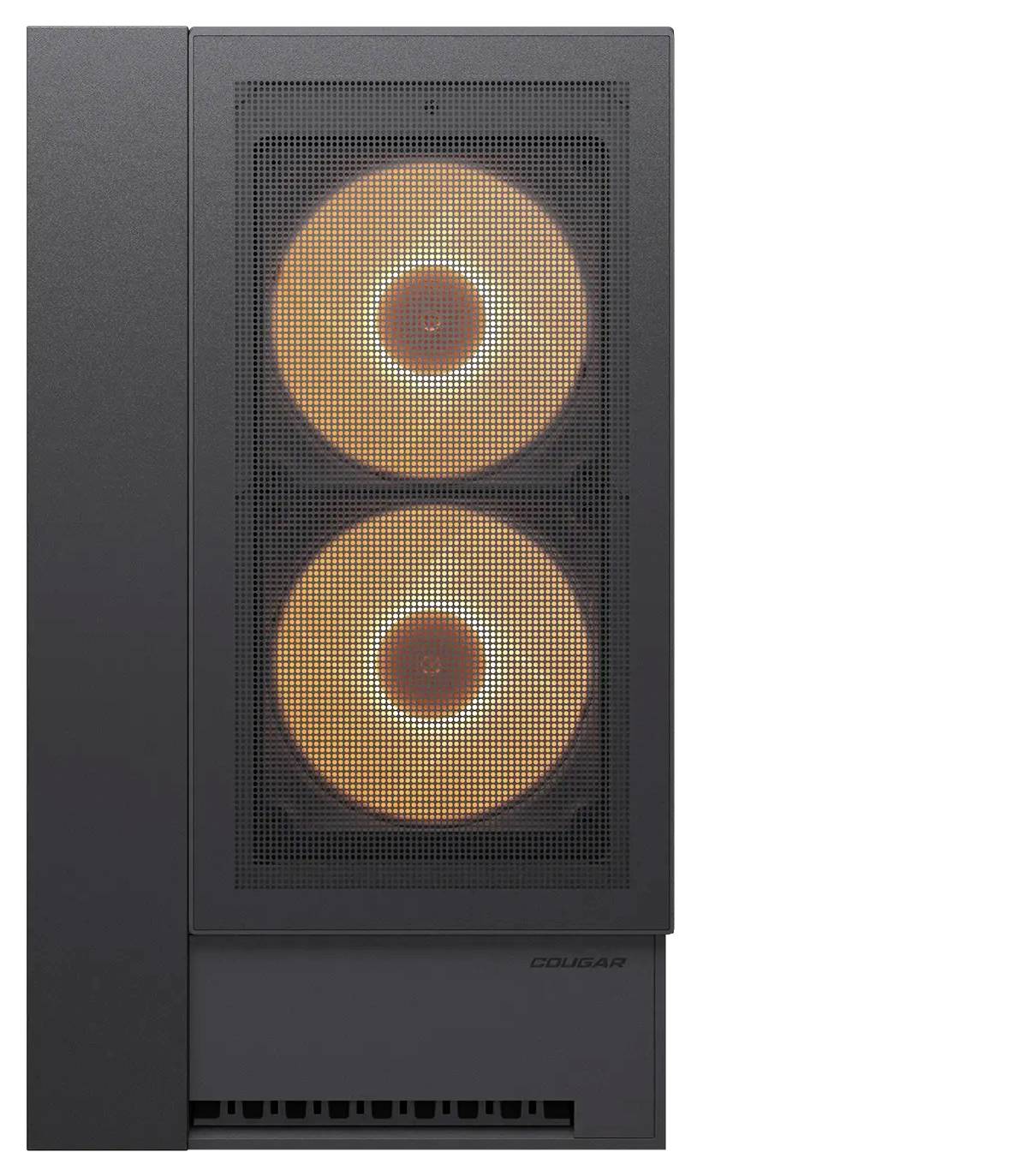 Egy számítógép torony két látható, narancssárgán világító hűtőventilátorossal az elülső panelen. A burkolat sötét, a ventilátorokat háló fedi.
