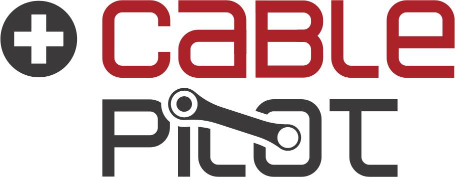 CablePilot logó fekete plusz-körbe ikon, piros "cable" szöveggel és stilizált fekete "PILOT" szöveggel összekapcsolt körkörös csomópontokkal.