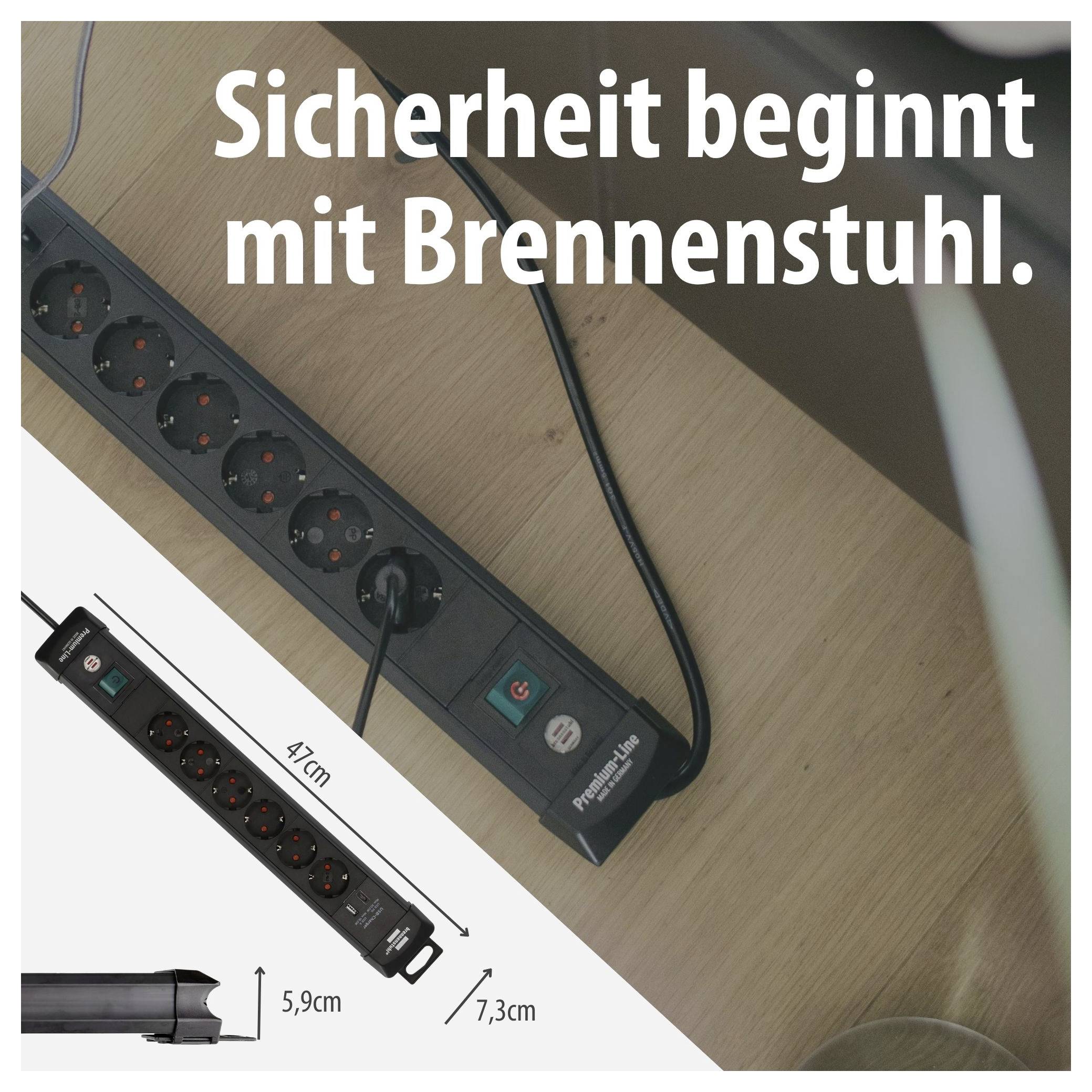 Brennenstuhl-hosszabbító vezeték hirdetési képe a "Biztonság a Brennenstuhllal kezdődik." szöveggel és 47 cm, 5,9 cm és 7,3 cm méretmegadásokkal.