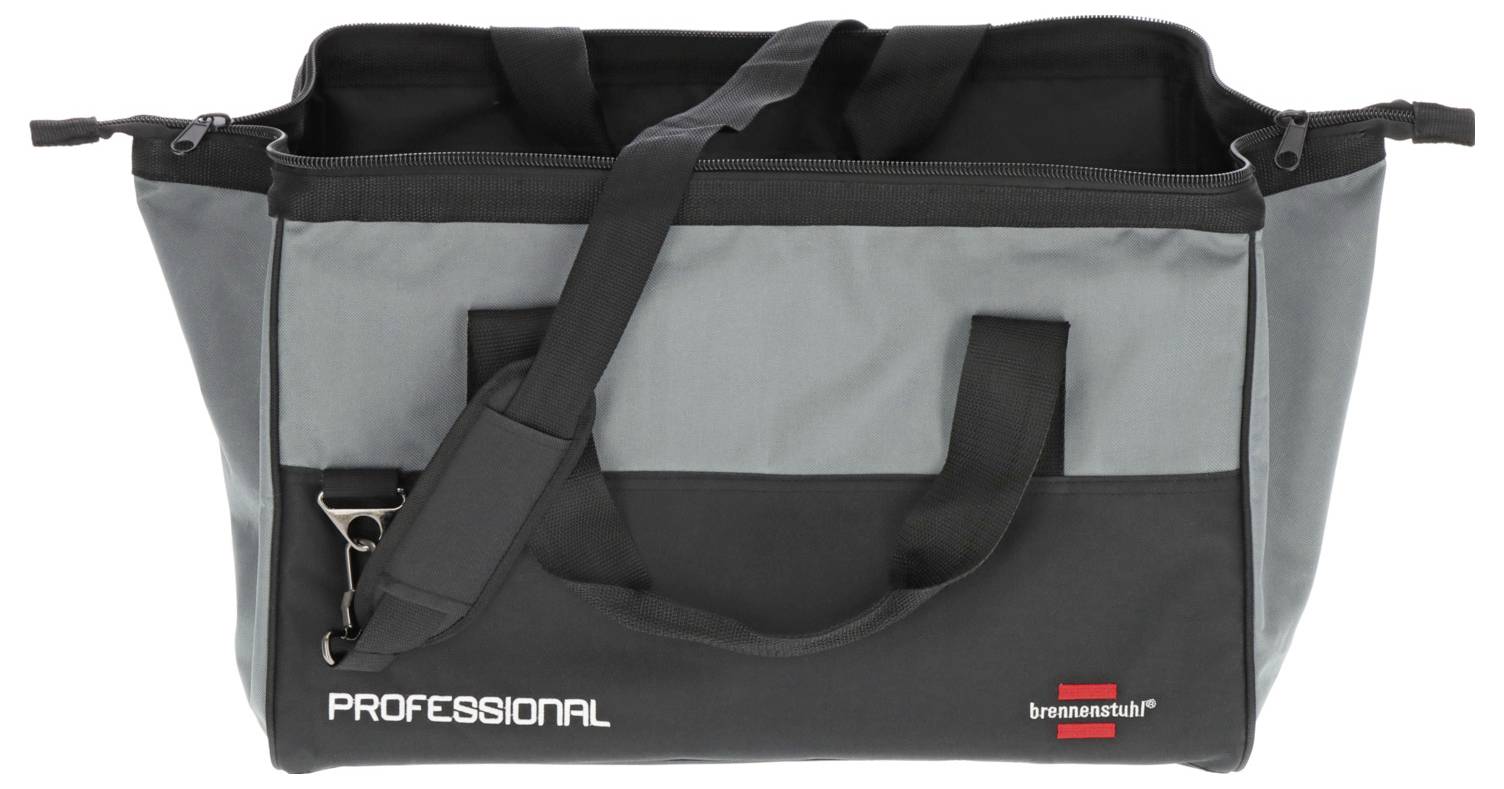 Szürke és fekete professzionális szerszámos táska vállpánttal, fogantyúkkal és nyitott tetővel, „PROFESSIONAL" és „bruennenstuhl" márkajelzéssel.