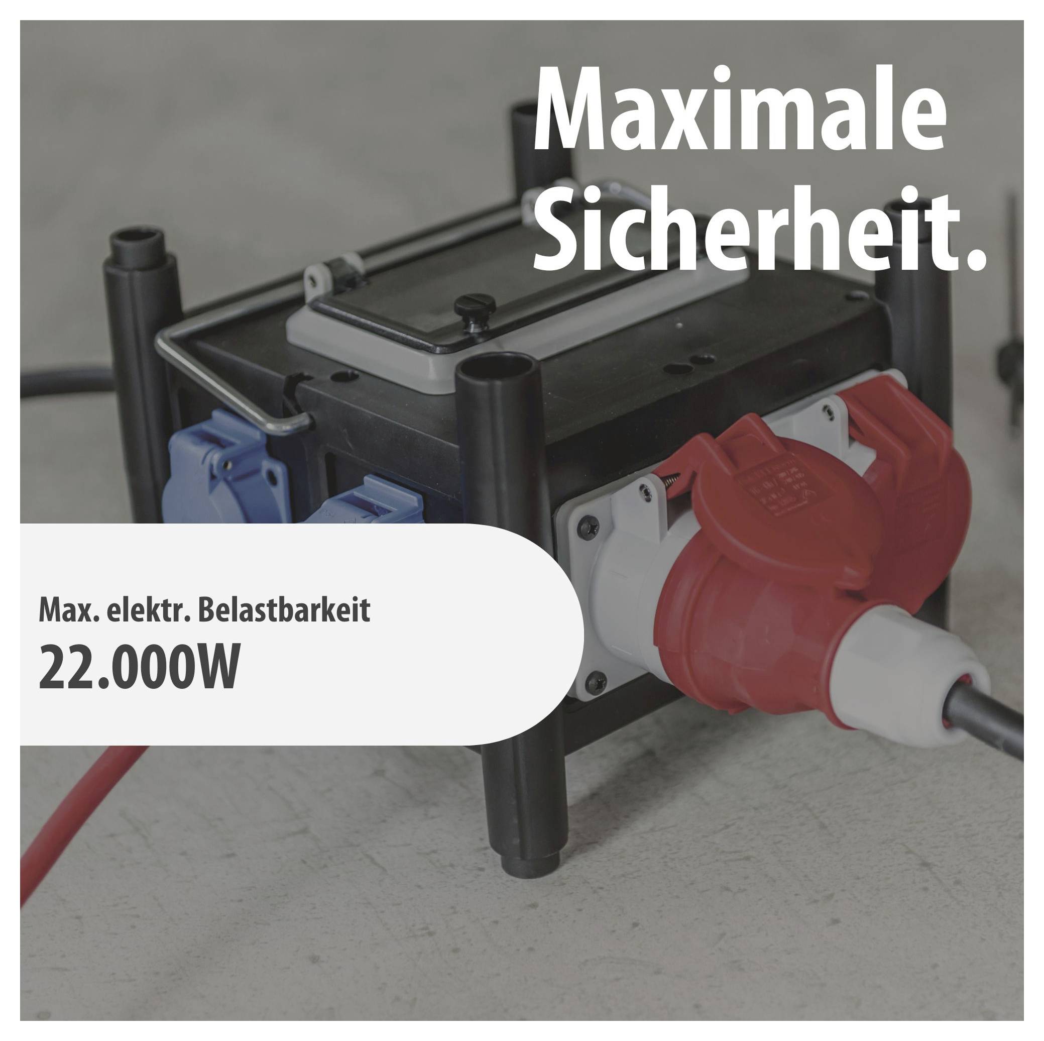 Ipari elosztósáv piros és kék csatlakozásokkal; Szöveg: „Maximális biztonság" és „Max. elektr. terhelhetőség 22.000W".