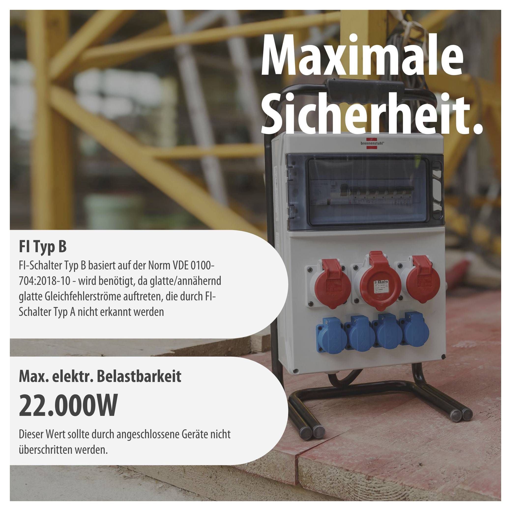FI-kapcsoló B típus maximális biztonsághoz; max. elektromos terhelhetőség 22.000 W, piros és kék csatlakozóaljzatokkal egy építőhelyi áramszéklet műszerdobozán.