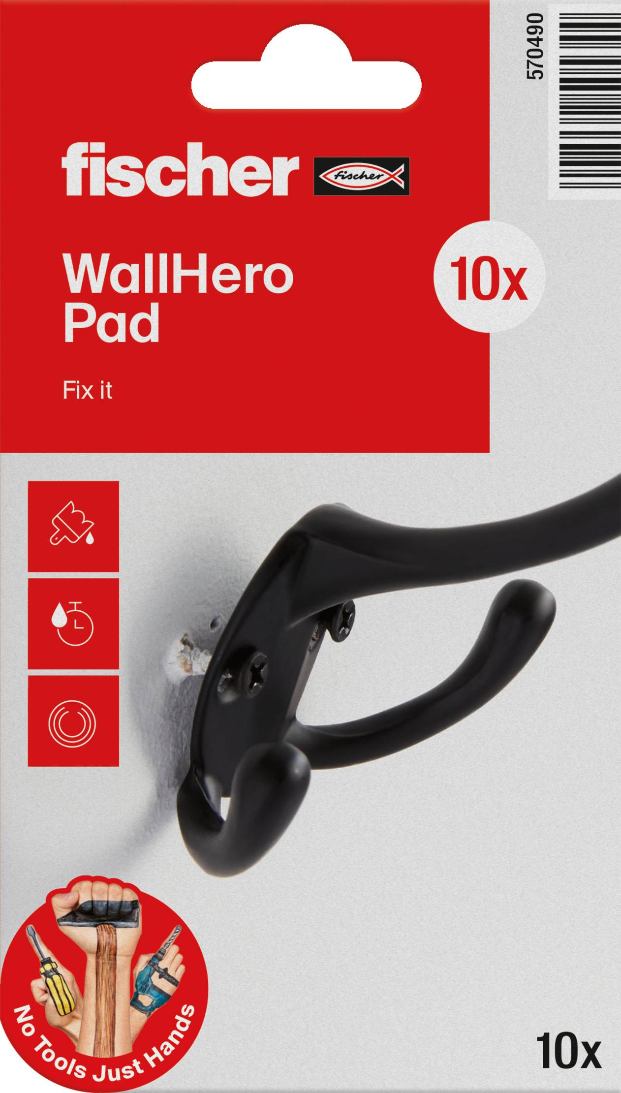 Fischer WallHero Pad falhorog csomag, melyen a „10x" és „Fix it" felirat látható, egy fekete horogot mutat a falhoz szerelve, szerszám nélkül.
