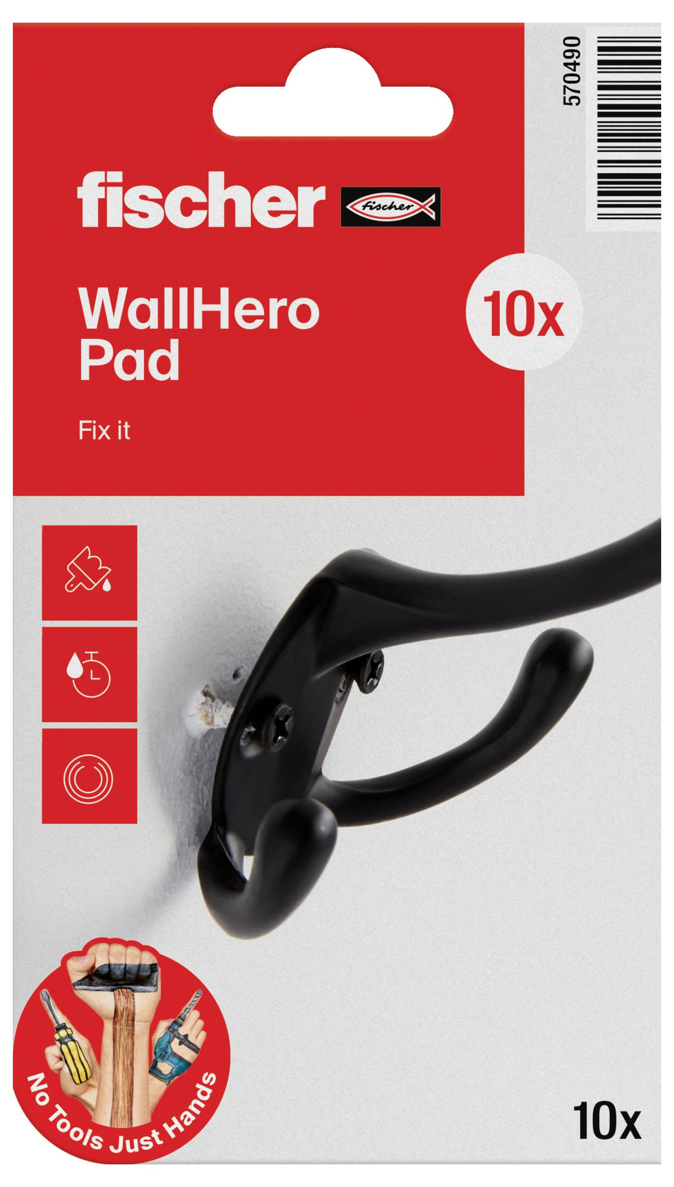 A Fischer WallHero Pad csomagolásán egy horog falba szerelésének illusztrációja látható. A szöveg így szól: 'Rögzítsd' és 'Semmi szerszám, csak kezek'.