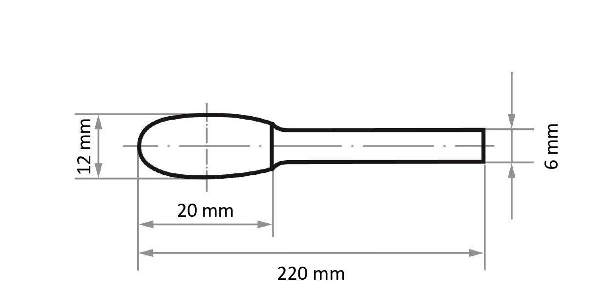 Egy szerszám méretezett vonalrajza. A szerszám 220 mm hosszú, 20 mm széles fejjel és 12 mm átmérővel, amely 6 mm átmérőre keskenyedik.