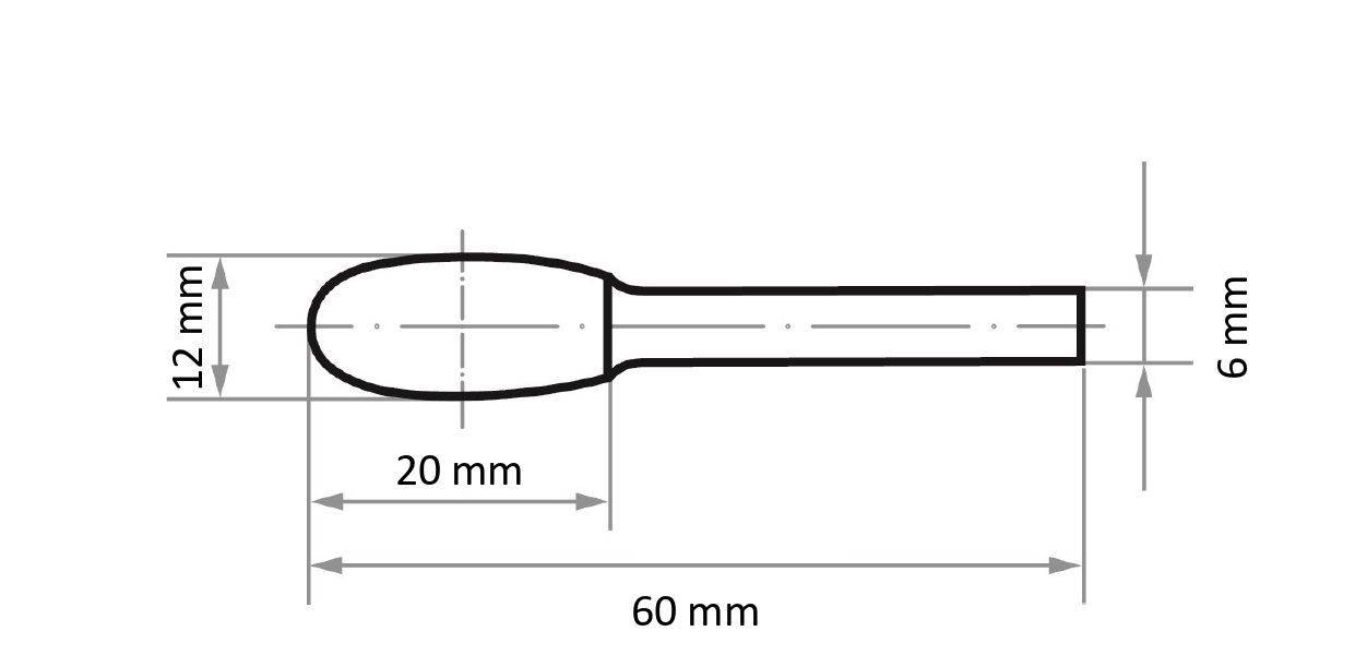Műszaki rajz egy ovális fejű és hengeres szárú tárgyról, méretezve: fej 12 mm x 20 mm, szár 6 mm x 40 mm, teljes hossz 60 mm.
