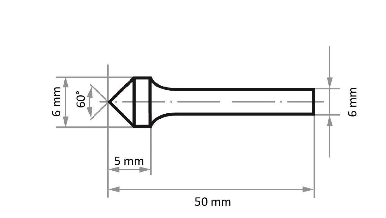 Fémszerszám műszaki rajza kúpos heggyel. Méretezés: 50 mm hosszúság, 6 mm hegyvastagság és 5 mm szegmenshossz. A hegy szöge 60 fok.