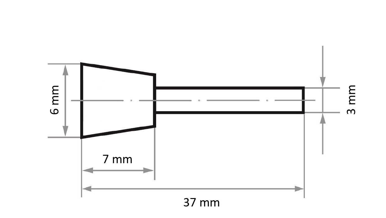 Műszaki rajz egy hengeres tárgyról kúpos alappal. Az alap 6 mm széles, 7 mm hosszon keresztül 3 mm-re szűkül. Teljes hossza 37 mm.