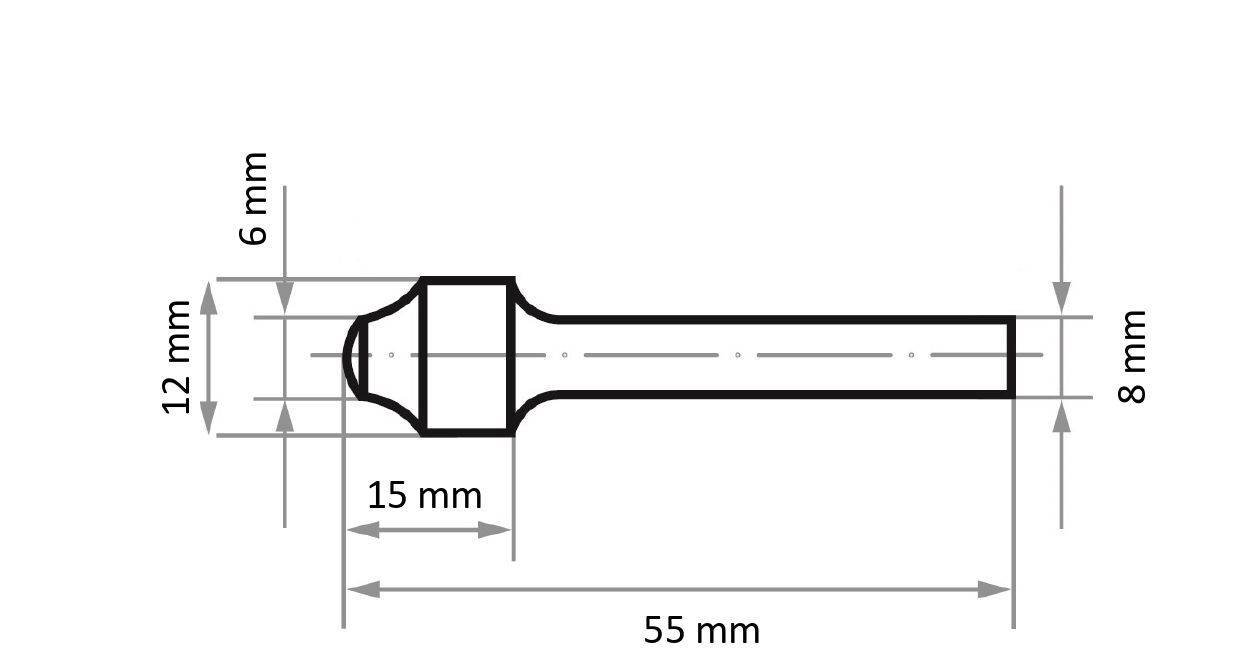 Egy hengeres tárgy diagramja kiszélesedő véggel. Méretei: 55 mm hosszú, 12 mm széles a kiszélesedő végnél, 8 mm széles nyél.