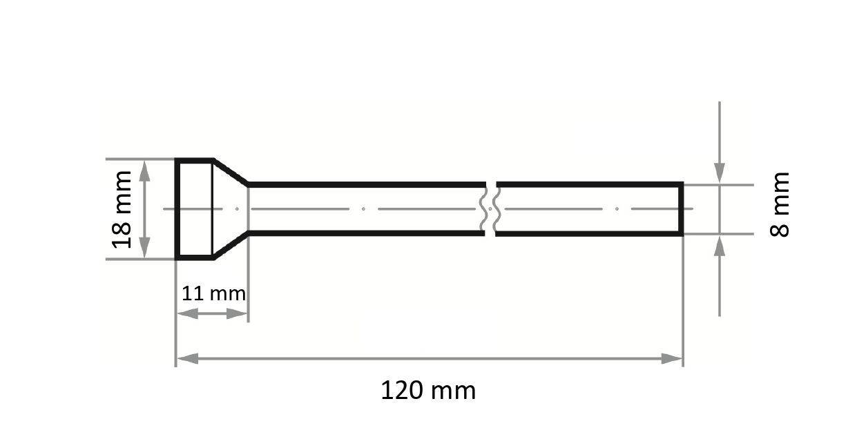 Egy rúd műszaki rajza: teljes hossz 120 mm, felső átmérő 18 mm, alsó átmérő 8 mm, 11 mm magassággal a felső szakaszon.