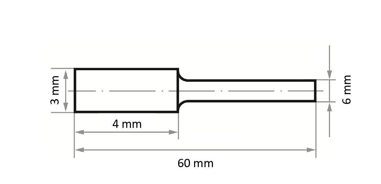 Fémcsap műszaki rajza, 60 mm hosszú. Rendelkezik egy 6 mm átmérőjű keskeny résszel, amely 3 mm átmérőjűre szélesedik, 4 mm széles vállrésszel.