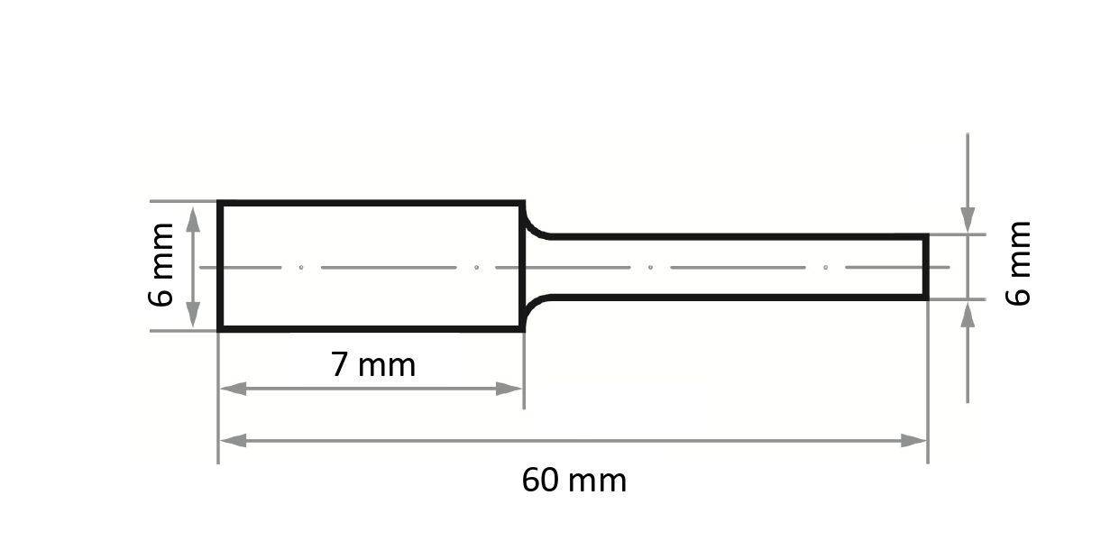 Műszaki rajz hengeres tárgyról: teljes hossz 60 mm, ebből egy 7 mm-es szakasz, végig 6 mm átmérőjű hengerekkel.