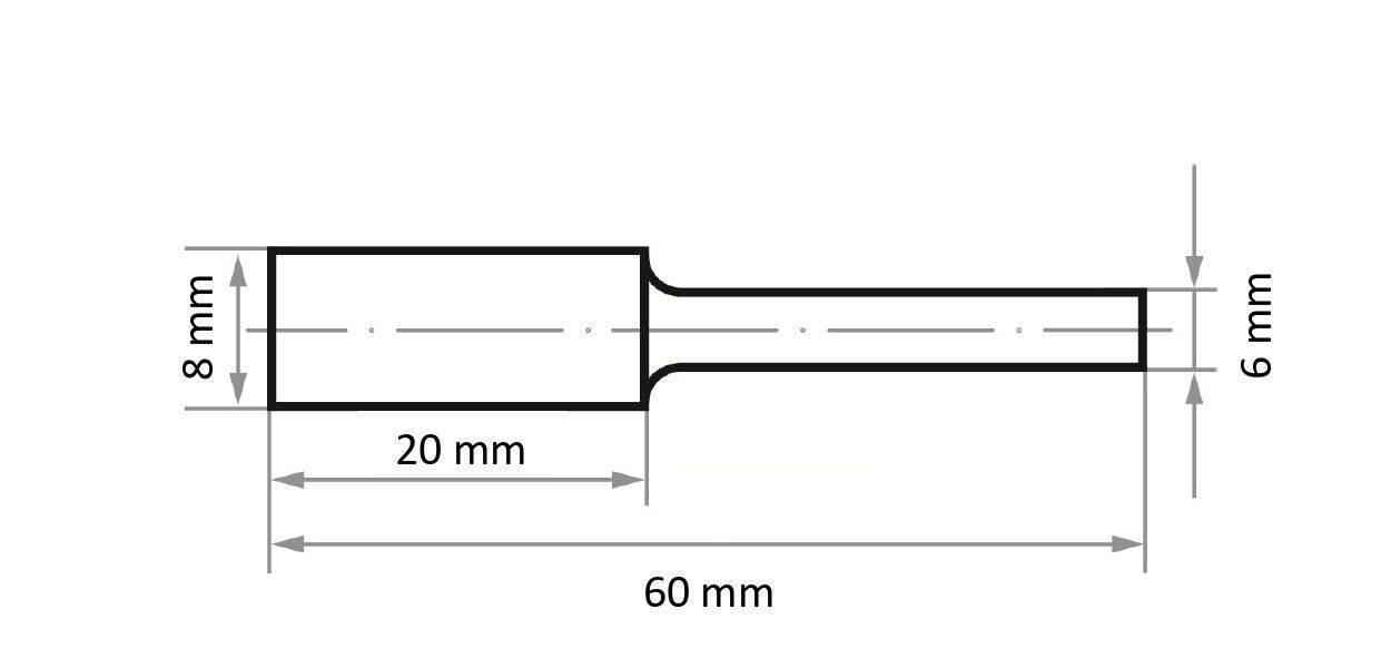 Műszaki rajz: hengeres tárgy<br>- Teljes hosszúság: 60 mm<br>- Egyik végének átmérője: 8 mm<br>- Másik végének átmérője: 6 mm<br>- Nagyobb átmérőjű szakasz hossza: 20 mm